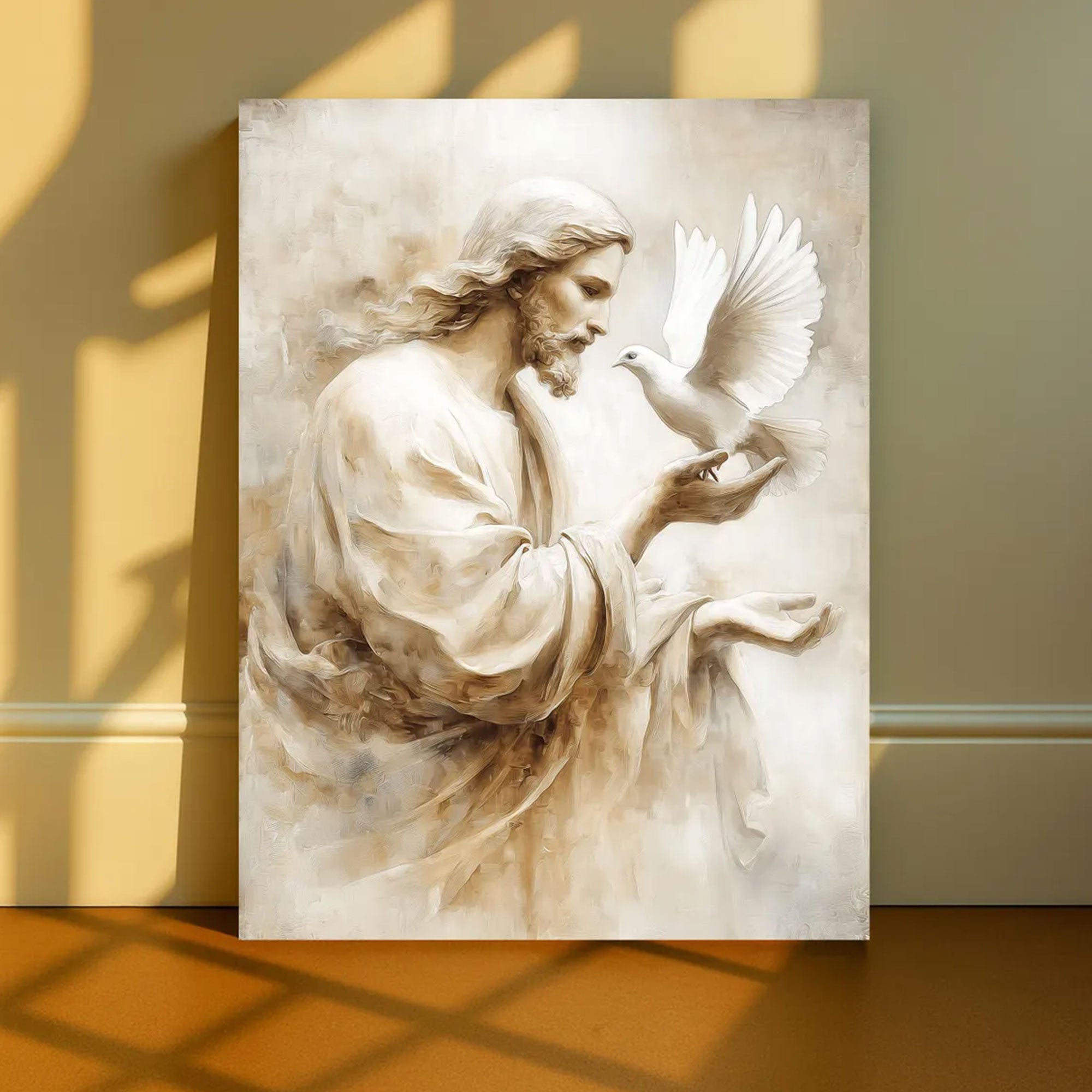 Jesus with Dove Canvas Wall Art, Holy Spirit Neutral Texture Painting, Christian Faith Home Decor
