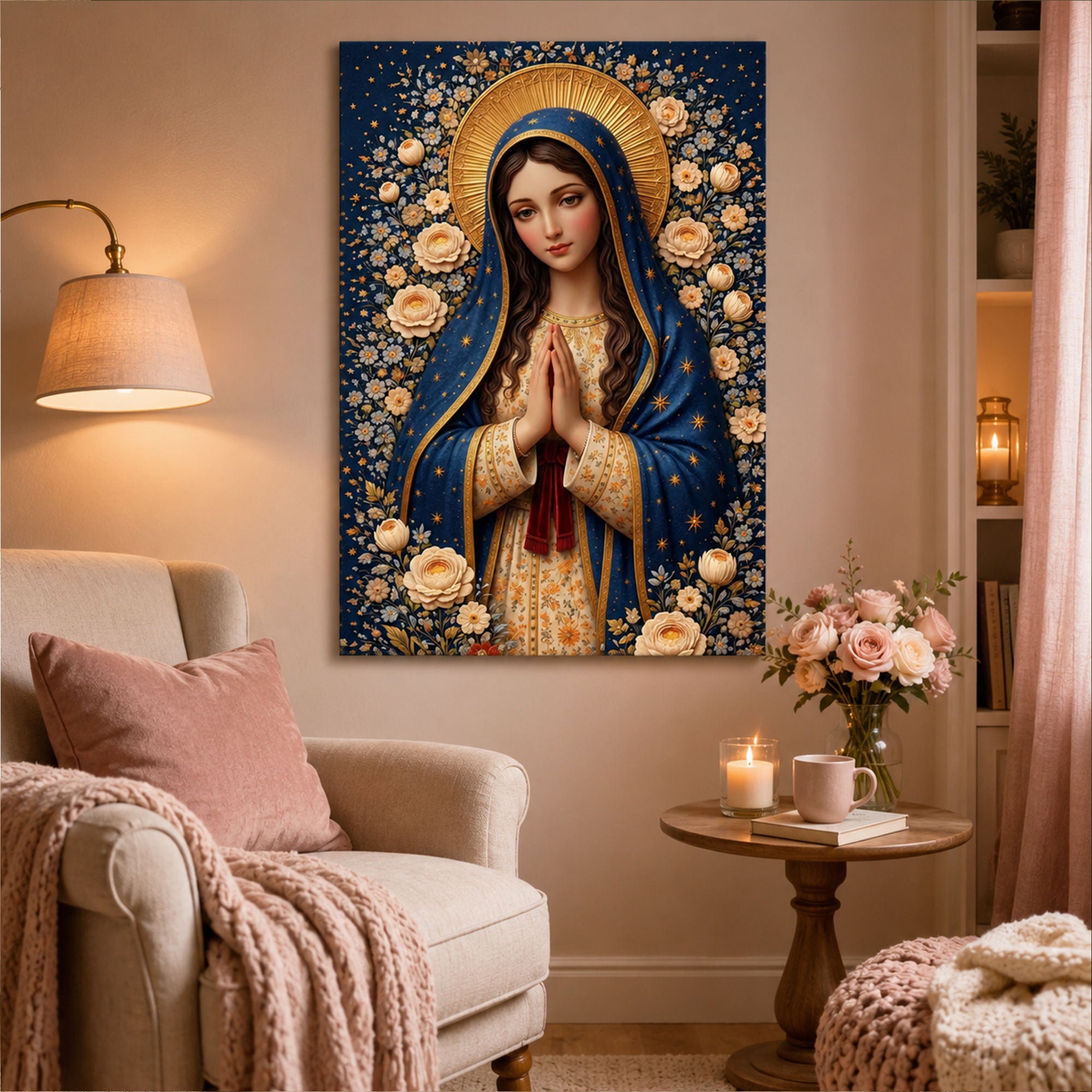 Blessed Virgin Mary Canvas Print, Floral Christian Wall Art, Peaceful Catholic Faith Decor, Heavenly Home Artwork
