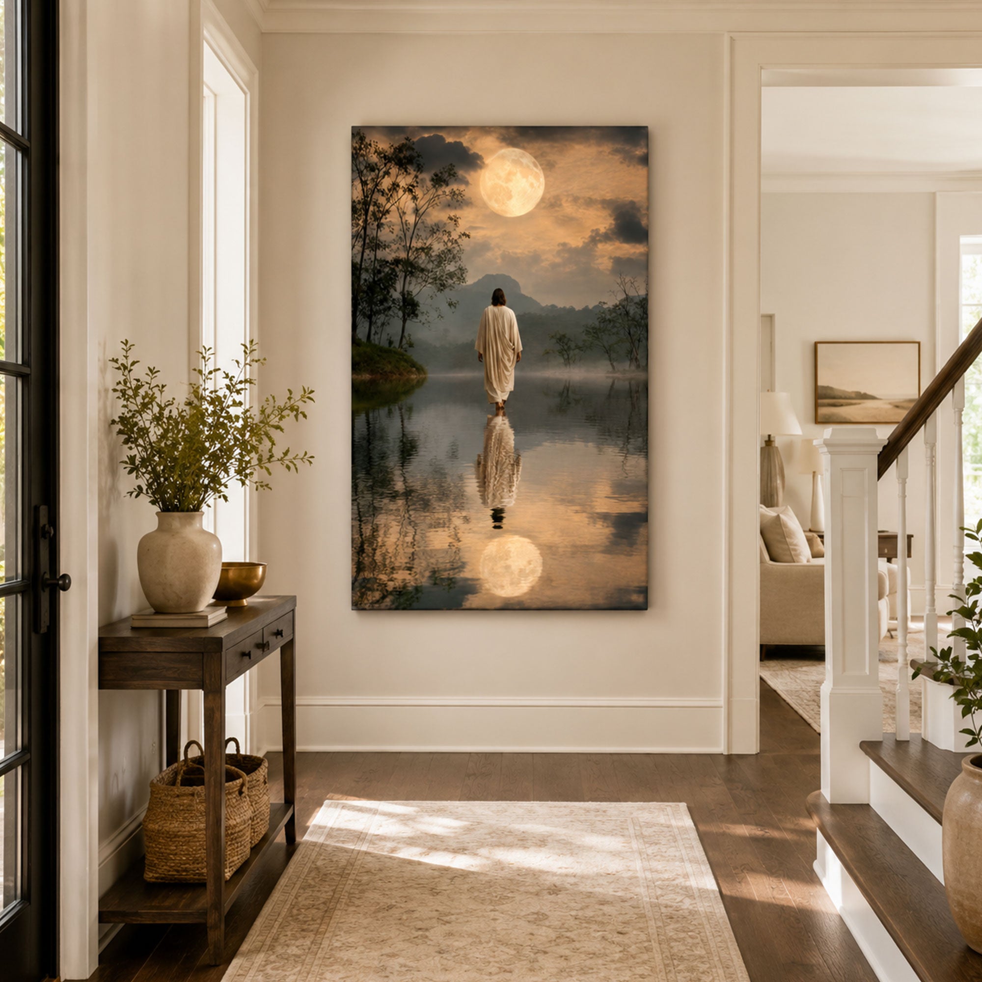 Jesus Walking on Water Under the Moon Canvas Print, Peaceful Christian Faith Decor