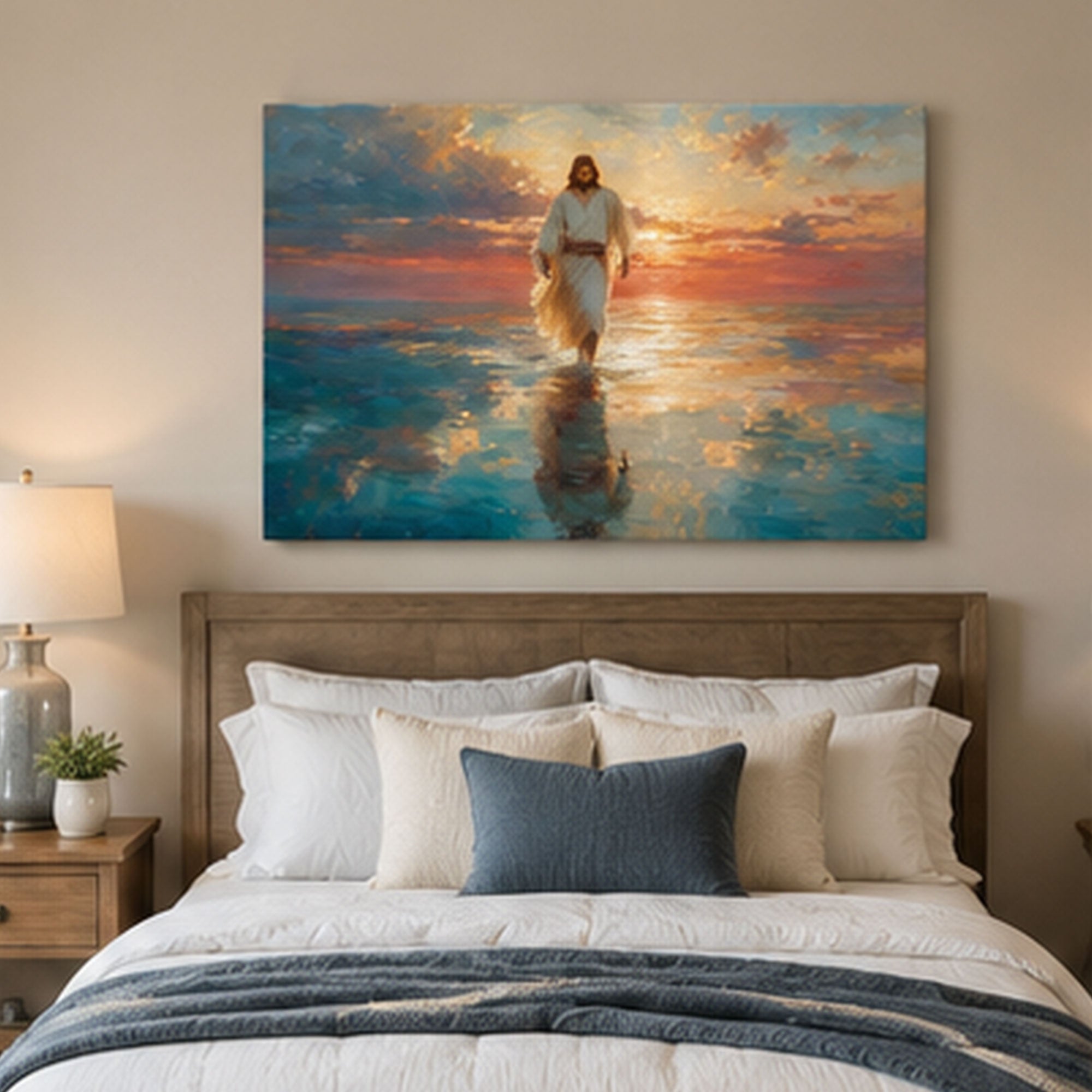 Jesus Walking on Water at Sunset Canvas Print, Christian Home Decor