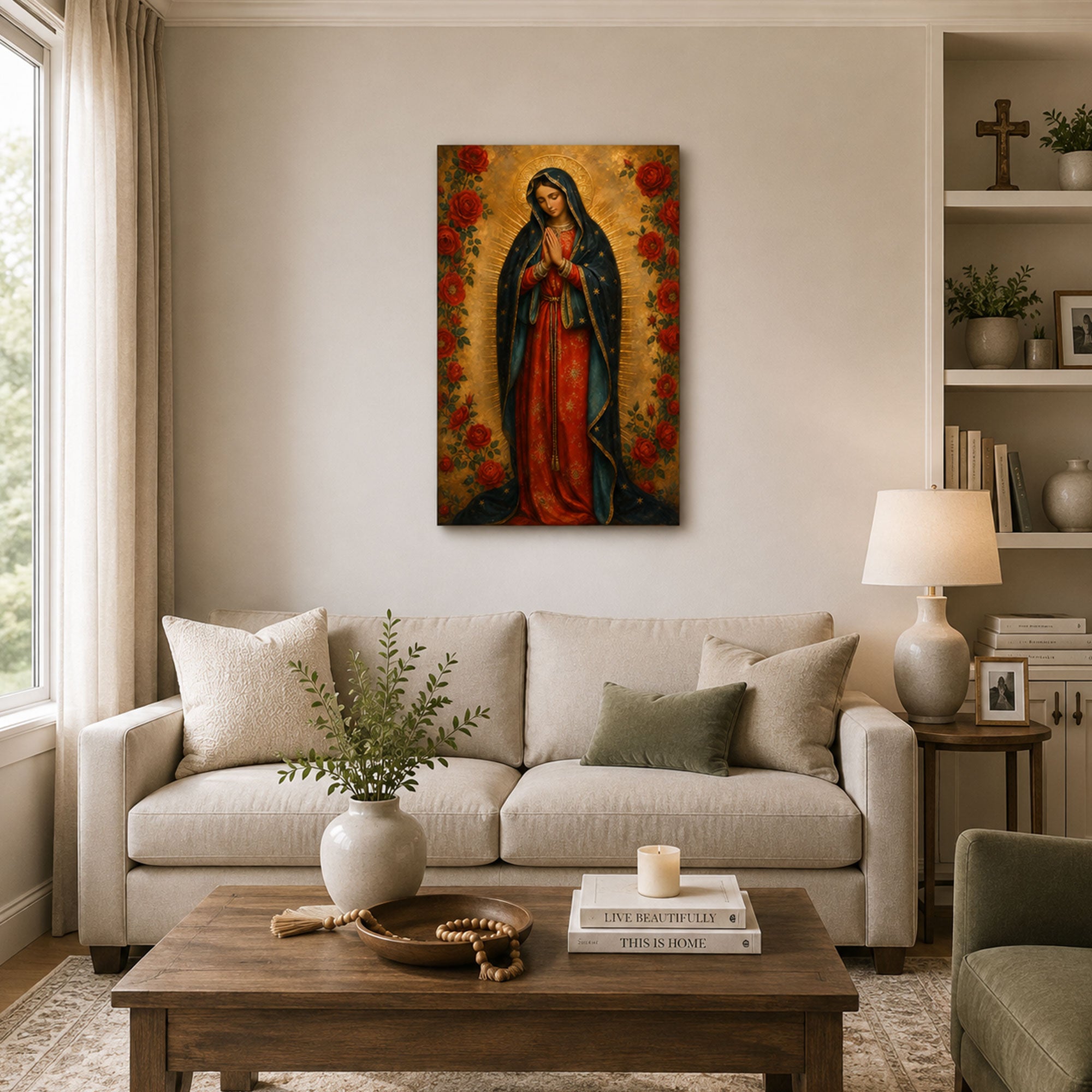Our Lady of Guadalupe with Roses Canvas Print, Virgin Mary Catholic Wall Decor, Marian Faith Gift