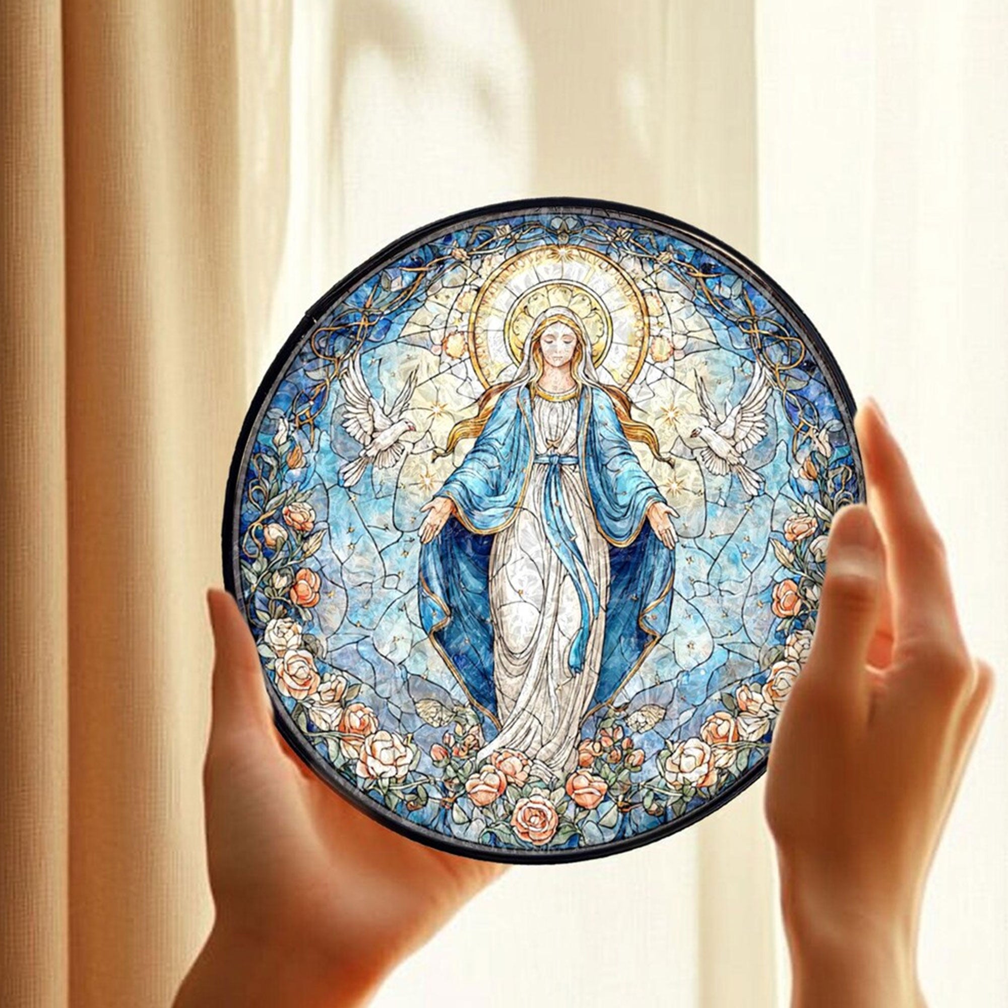 Our Lady of Grace Stained Glass Suncatcher, Virgin Mary Round Window Hanging, Catholic Blue Rose Halo Decor, Faith Gift