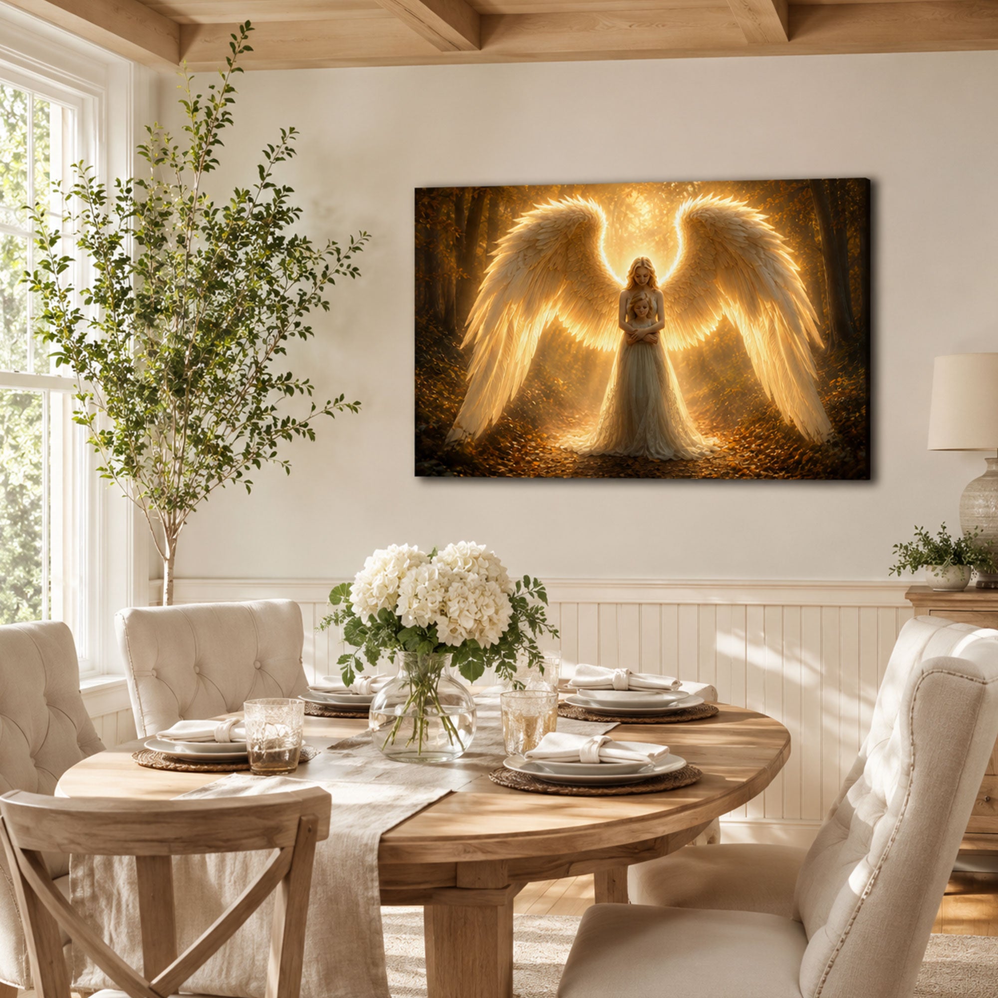 Guardian Angel with Child Canvas Print, Christian Angel Wall Art, Golden Light Faith Home Decor Gift