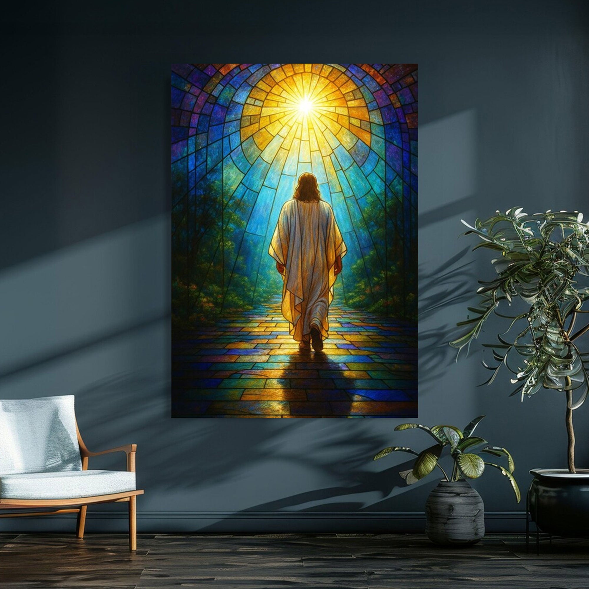 Inspirational Jesus Walking Path Canvas Print, Stained Glass Sunlight Christian Wall Art, Faith Journey Home Decor