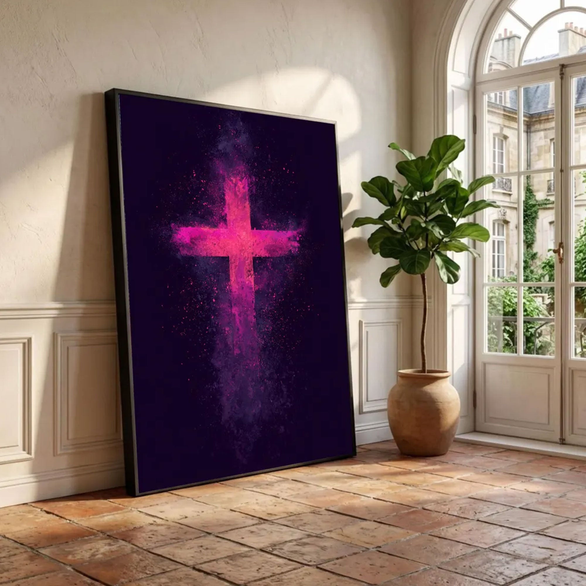 Abstract Pink Cross Canvas Print, Modern Christian Wall Art, Spiritual Faith Decor, Minimal Religious Artwork