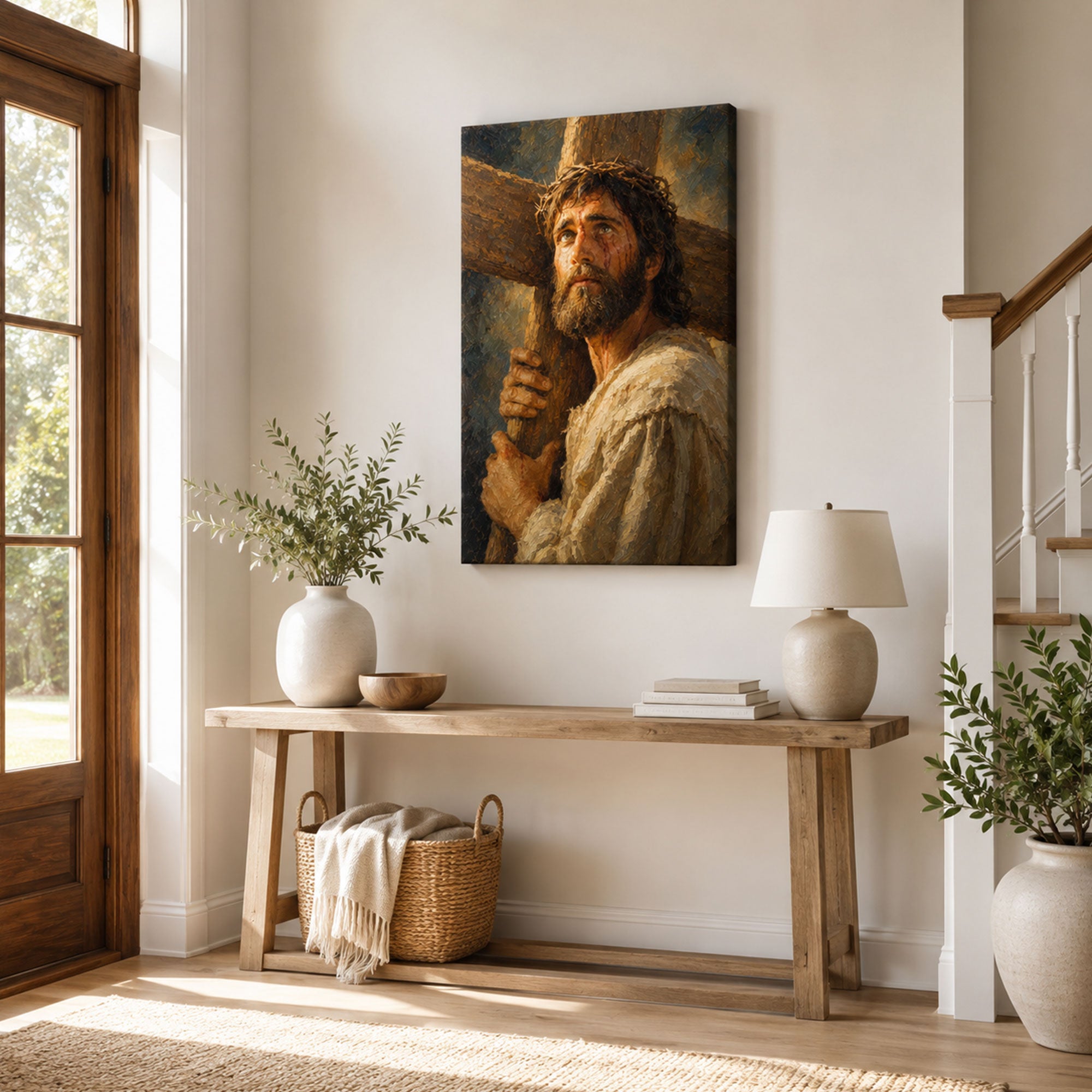 Jesus Carrying the Cross Canvas Print, Crown of Thorns Christian Wall Decor, Faith Gift