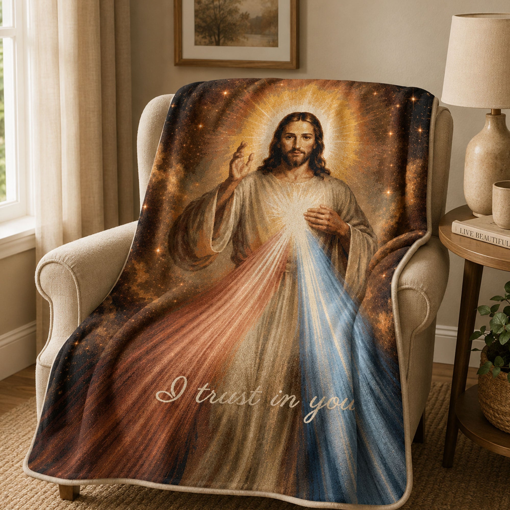 Divine Mercy Jesus Fleece Blanket, I Trust in You Catholic Throw, Christian Faith Gift