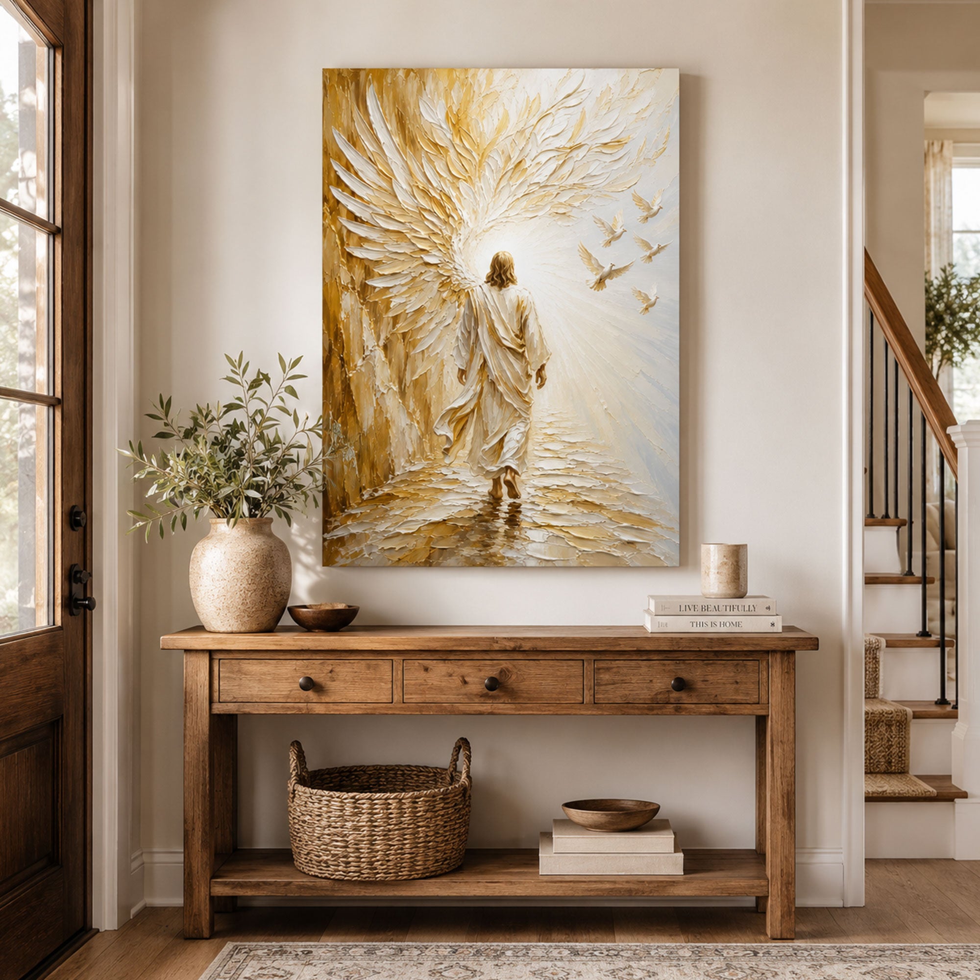 Jesus Walking into Heaven Canvas Print, White Gold Christian Wall Art, Faith Home Decor Gift