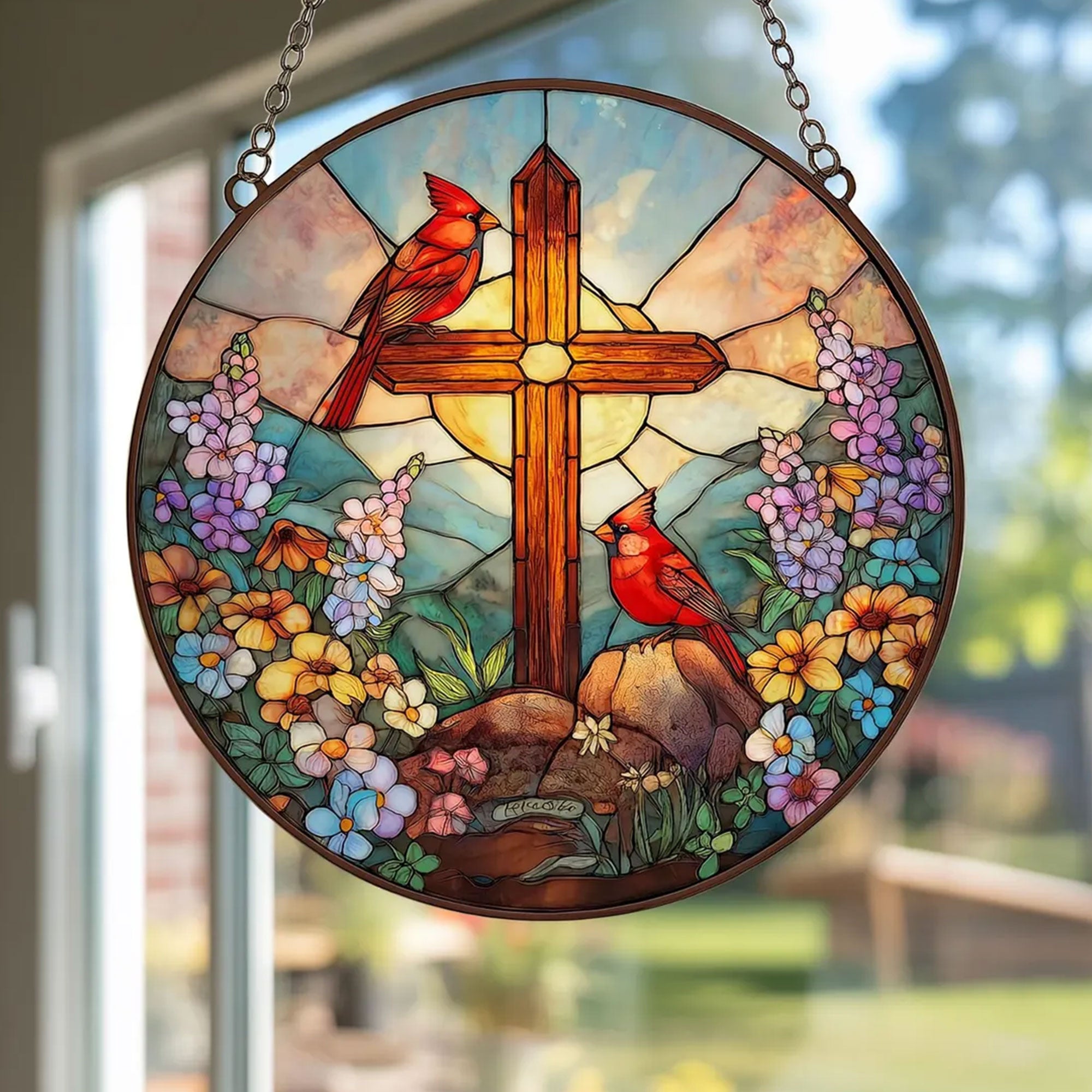 Cardinal with Cross Stained Glass Suncatcher, Christian Window Hanging Decor, Memorial Faith Gift