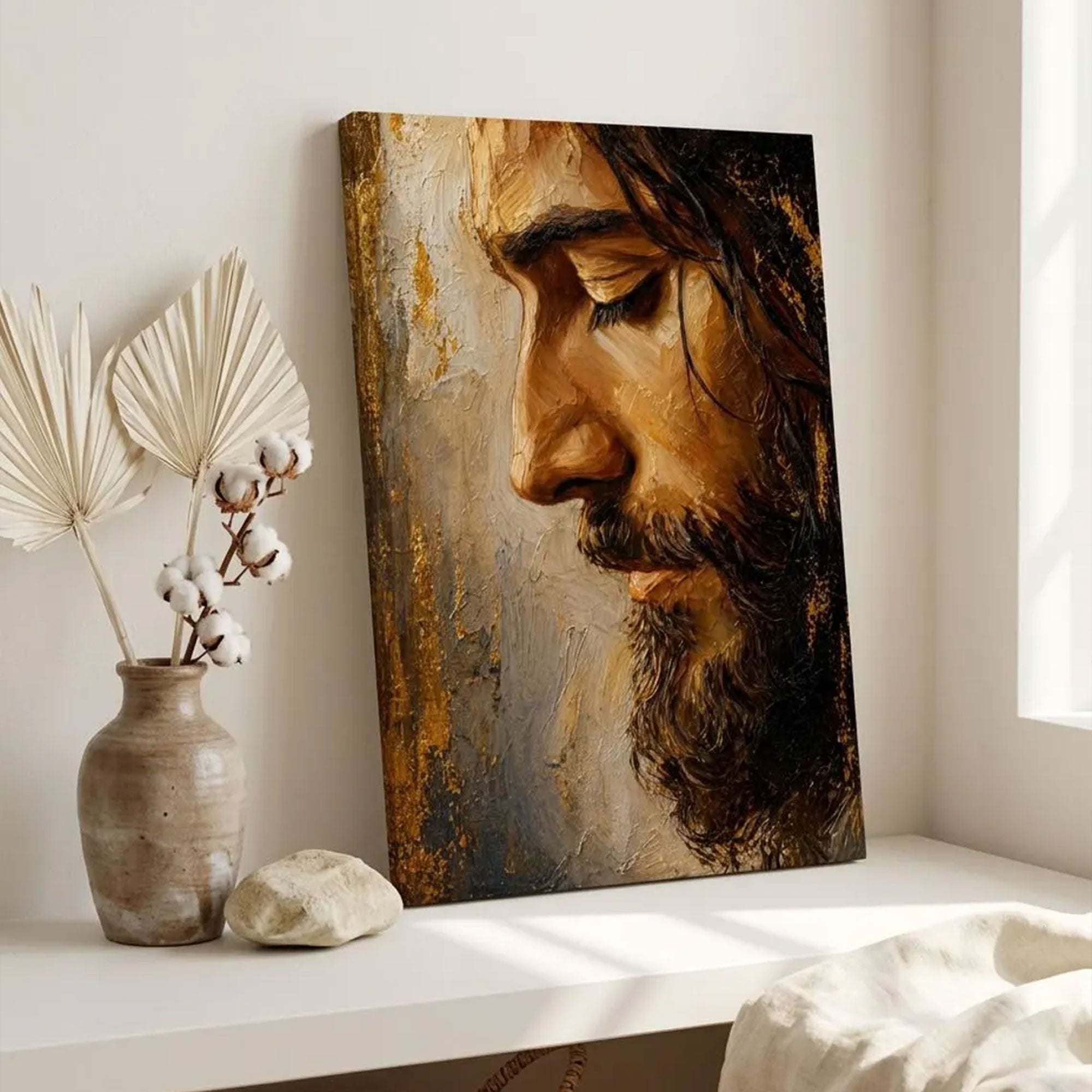 Jesus Portrait Canvas Print, Neutral Christian Wall Art, Spiritual Home Decor, Inspirational Faith Artwork