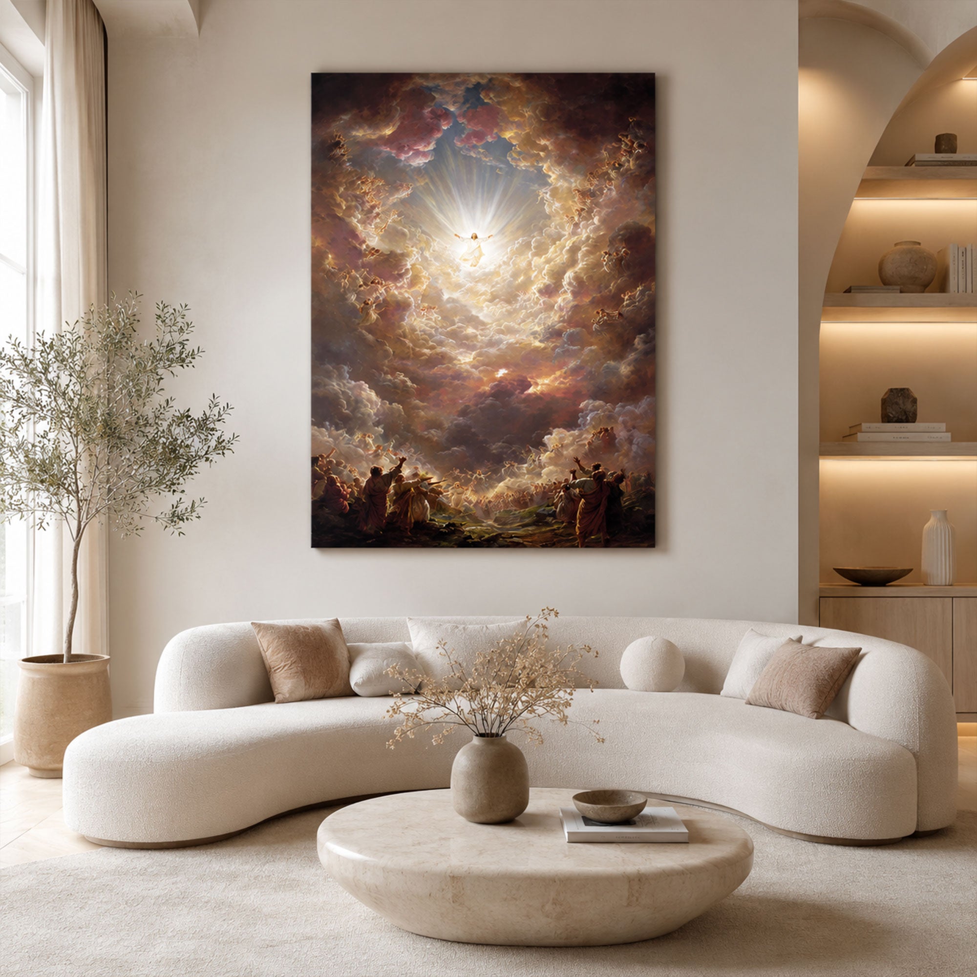 Heavenly Jesus Ascension Canvas Print, Christian Wall Decor, Spiritual Religious Artwork with Angels and Glorious Light