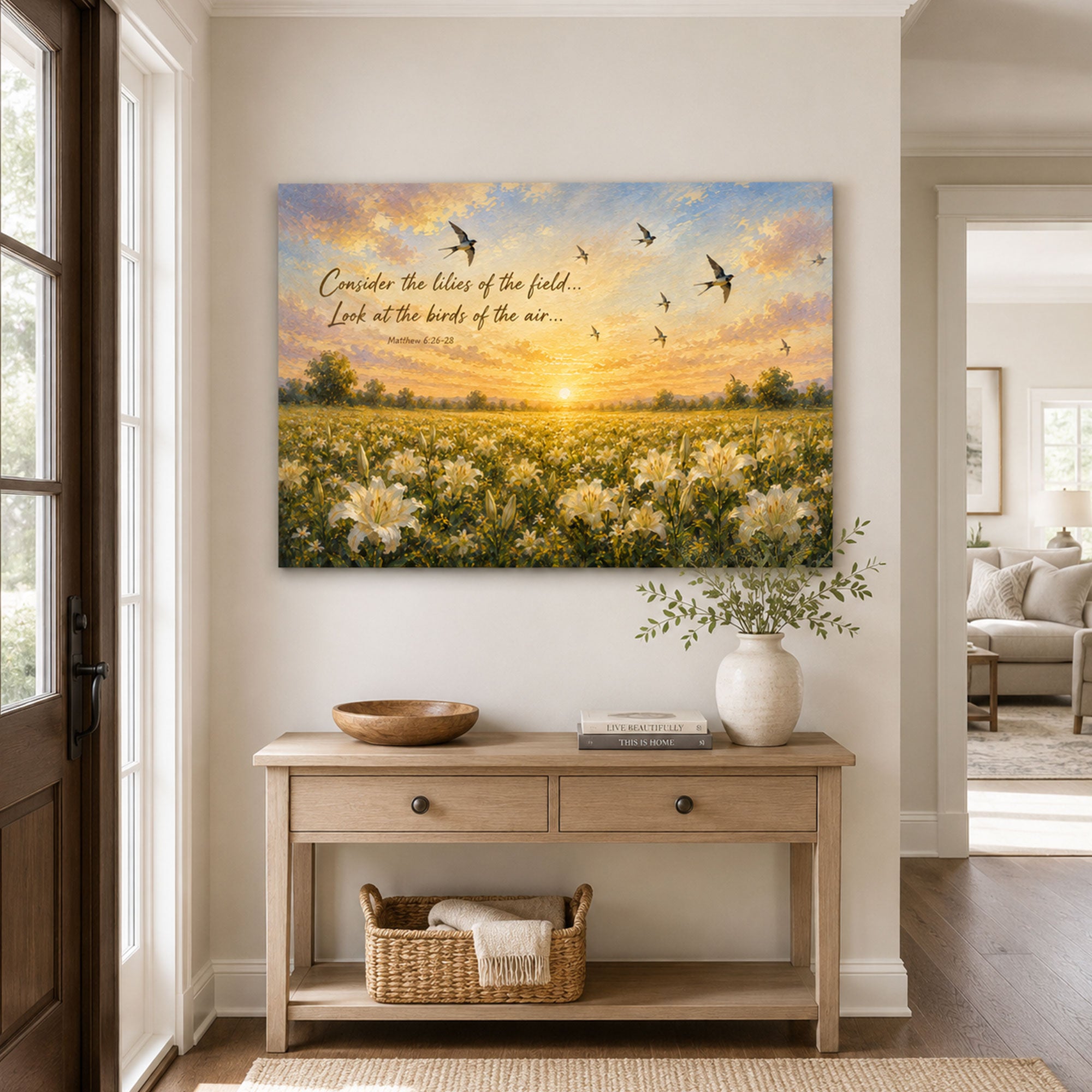 Consider the Lilies & Birds of the Air Canvas Print, Matthew 6:26-28 Christian Wall Decor