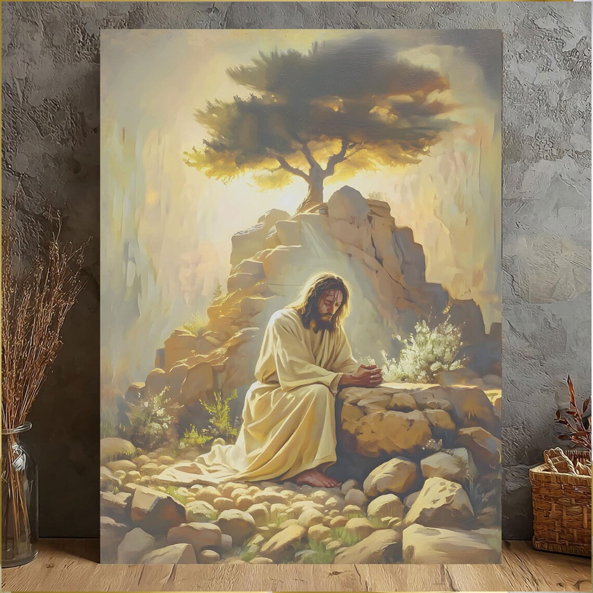 Jesus Praying in Gethsemane Canvas Wall Art, Biblical Garden Scene, Christian Religious Decor
