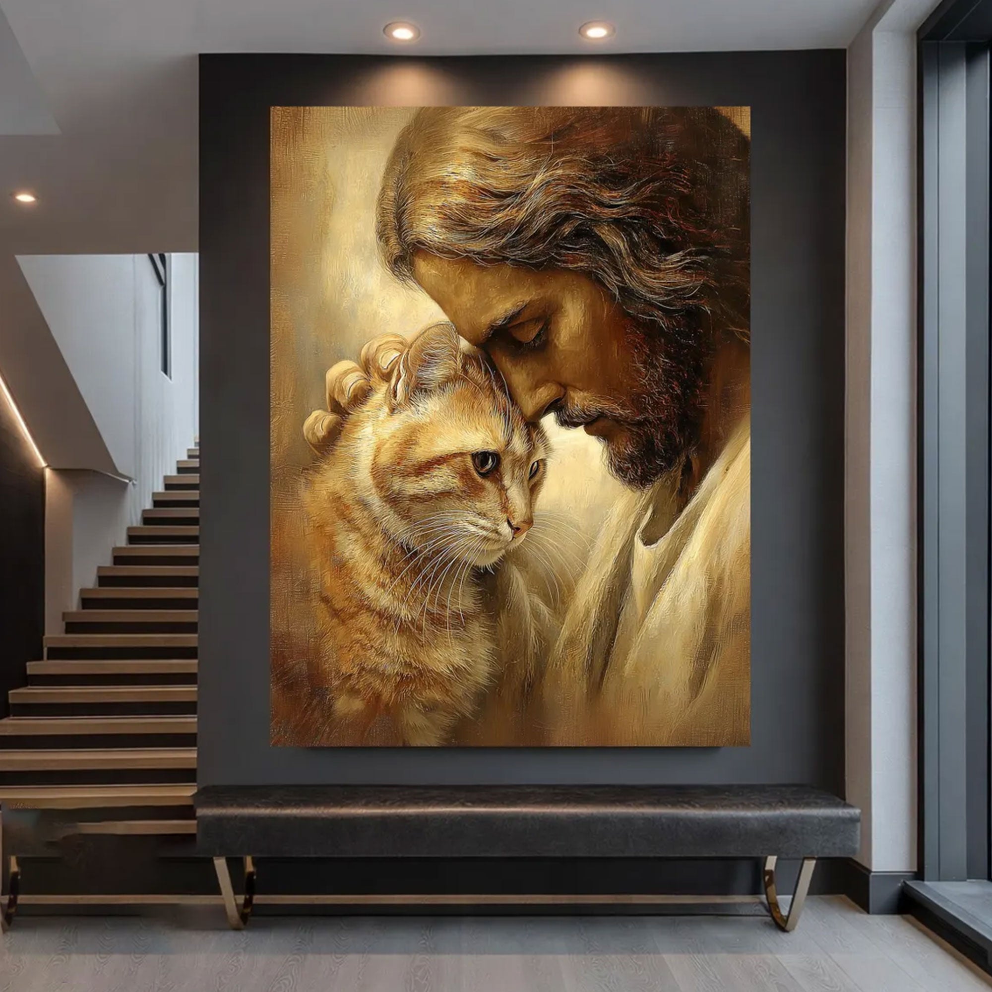 Jesus with Cat Canvas Wall Art, Christian Pet Lover Decor, Spiritual Faith Home Gift