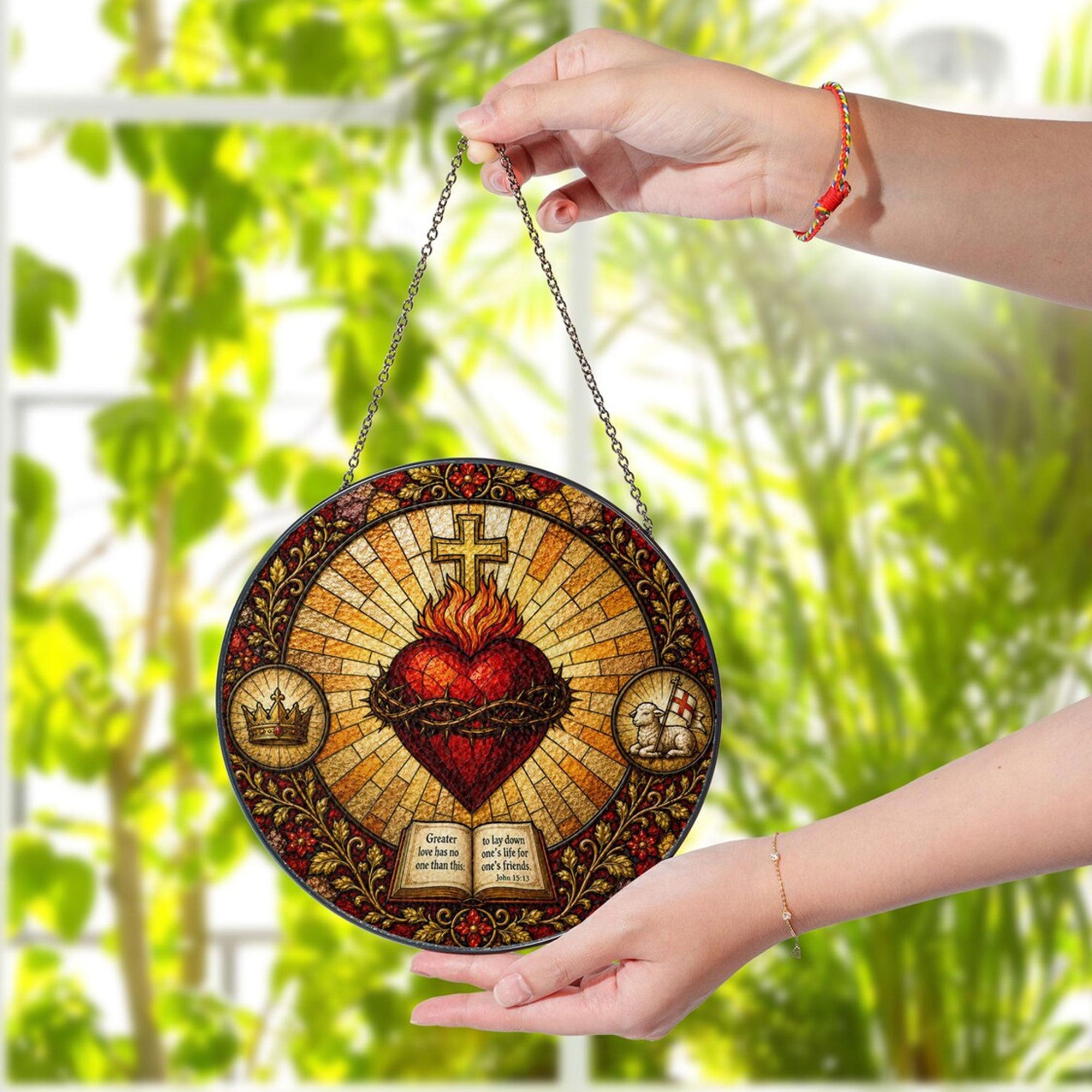 Sacred Heart Bible Verse Suncatcher, Crown of Thorns Catholic Home Decor