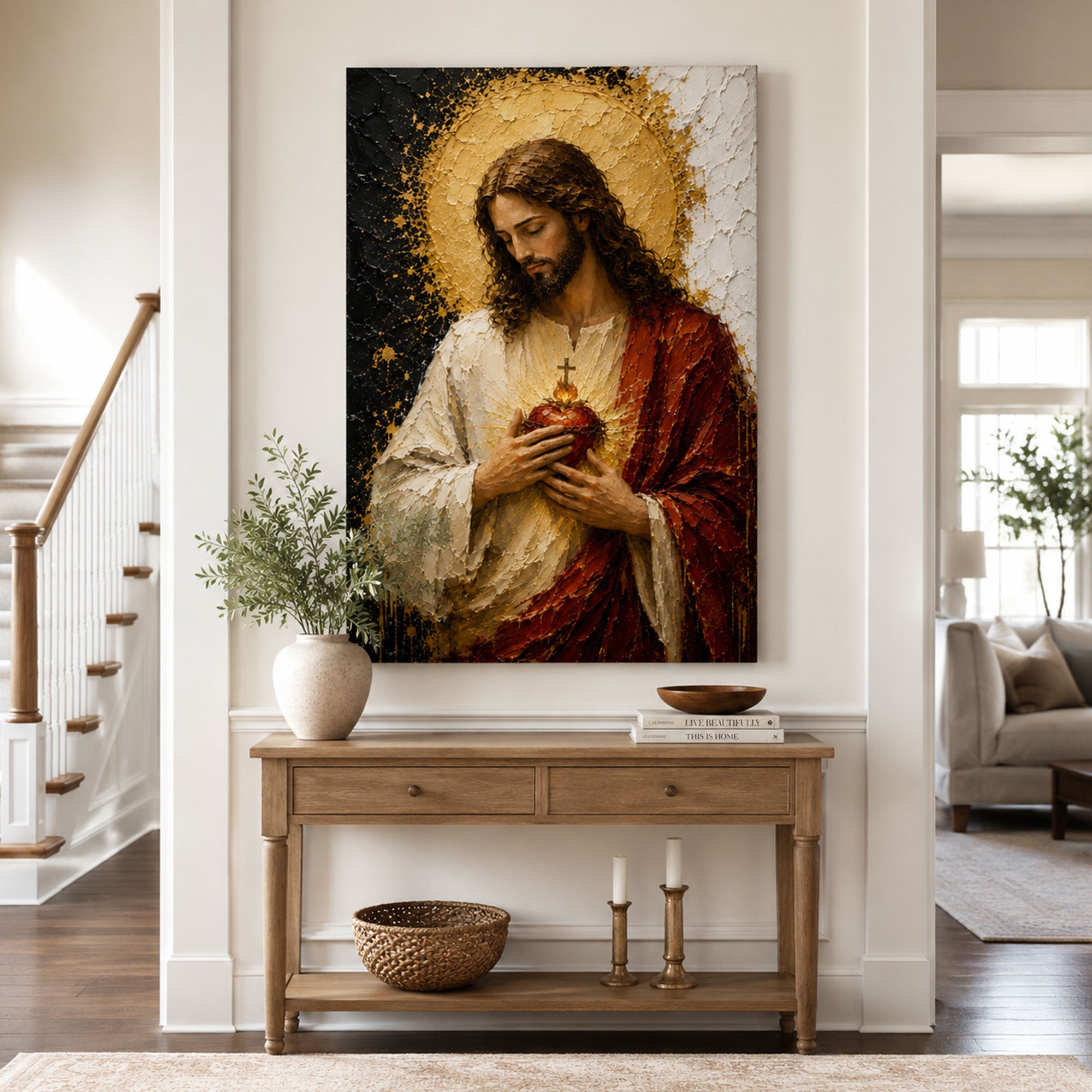 Sacred Heart of Jesus Canvas Print, Catholic Jesus Wall Art, Gold and Red Faith Home Decor Gift