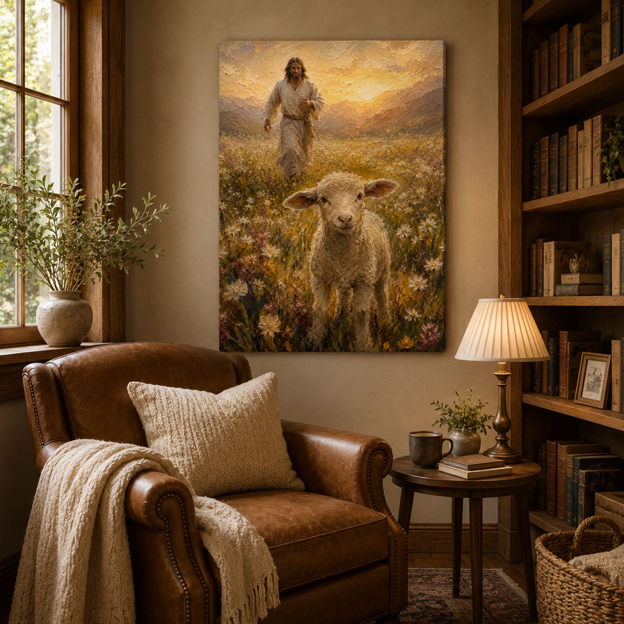Good Shepherd Jesus and Lamb Canvas Print, Peaceful Christian Wall Art, Wildflower Meadow Home Decor