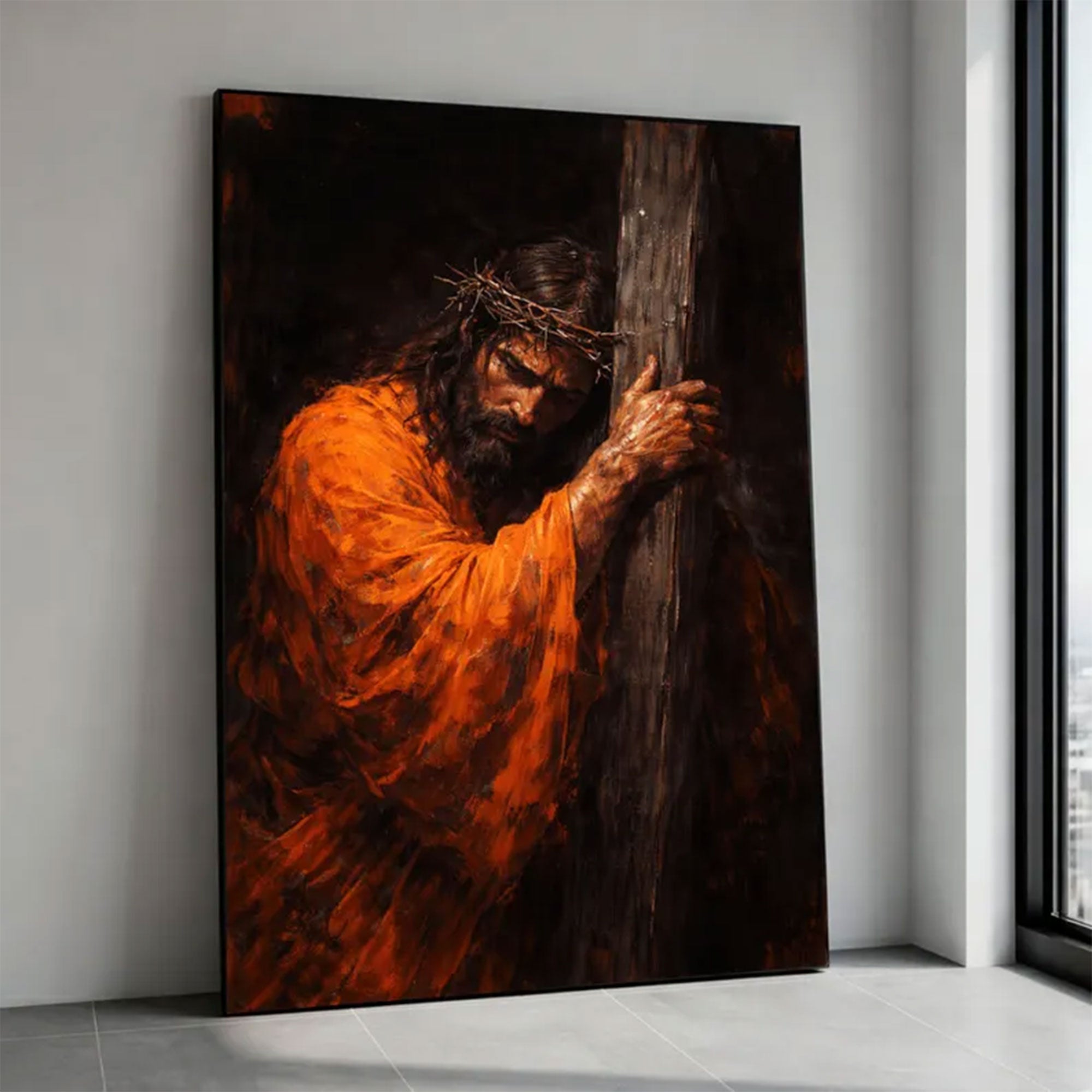 Jesus Carrying Cross Canvas, Crown of Thorns Christian Wall Art, Religious Decor