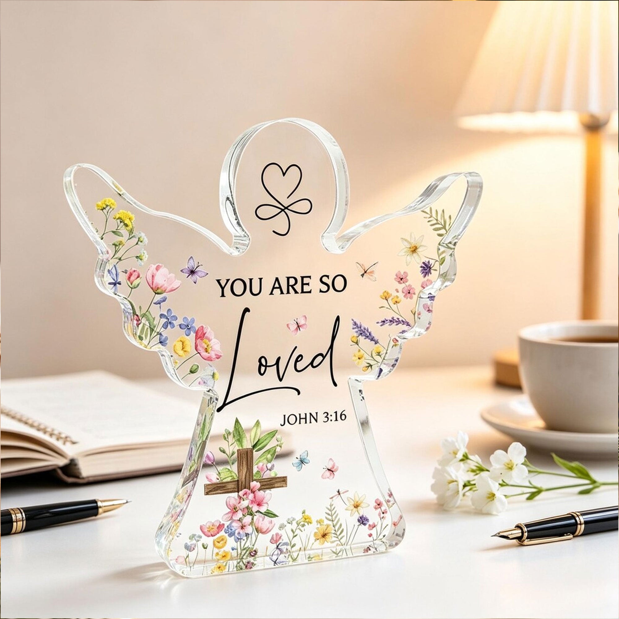 You Are So Loved Angel Acrylic Desk Plaque, John 3:16 Christian Gift, Floral Cross Faith Decor