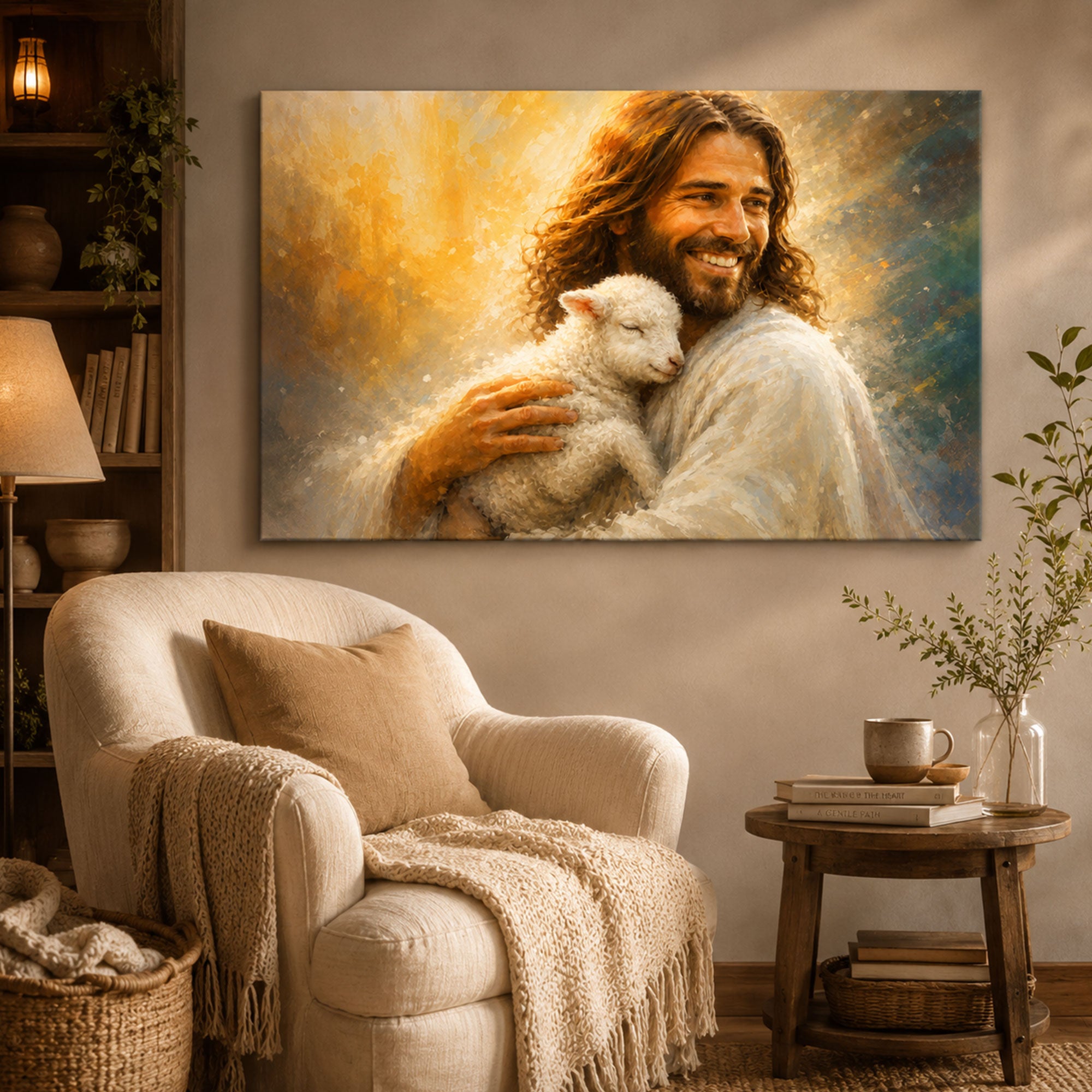 Smiling Jesus with Lamb Canvas Print, Good Shepherd Christian Wall Art, Peaceful Faith Home Decor