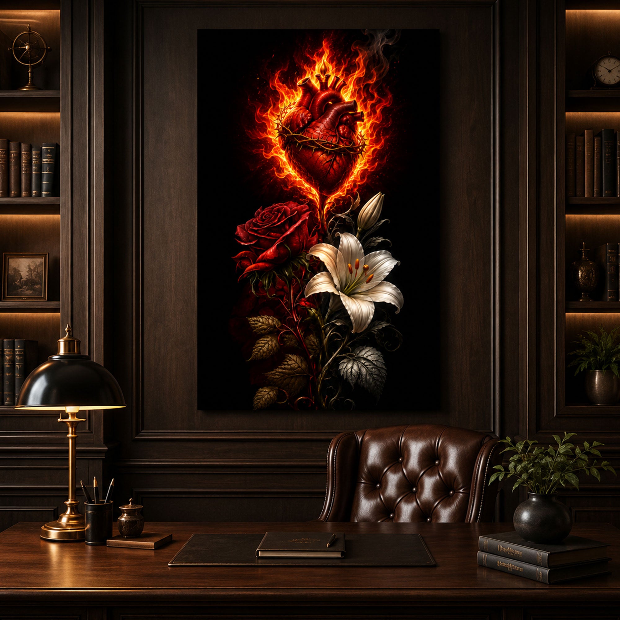 Sacred Heart of Jesus Canvas Print, Catholic Wall Art, Flaming Sacred Heart with Roses and Lily, Christian Religious Home Decor