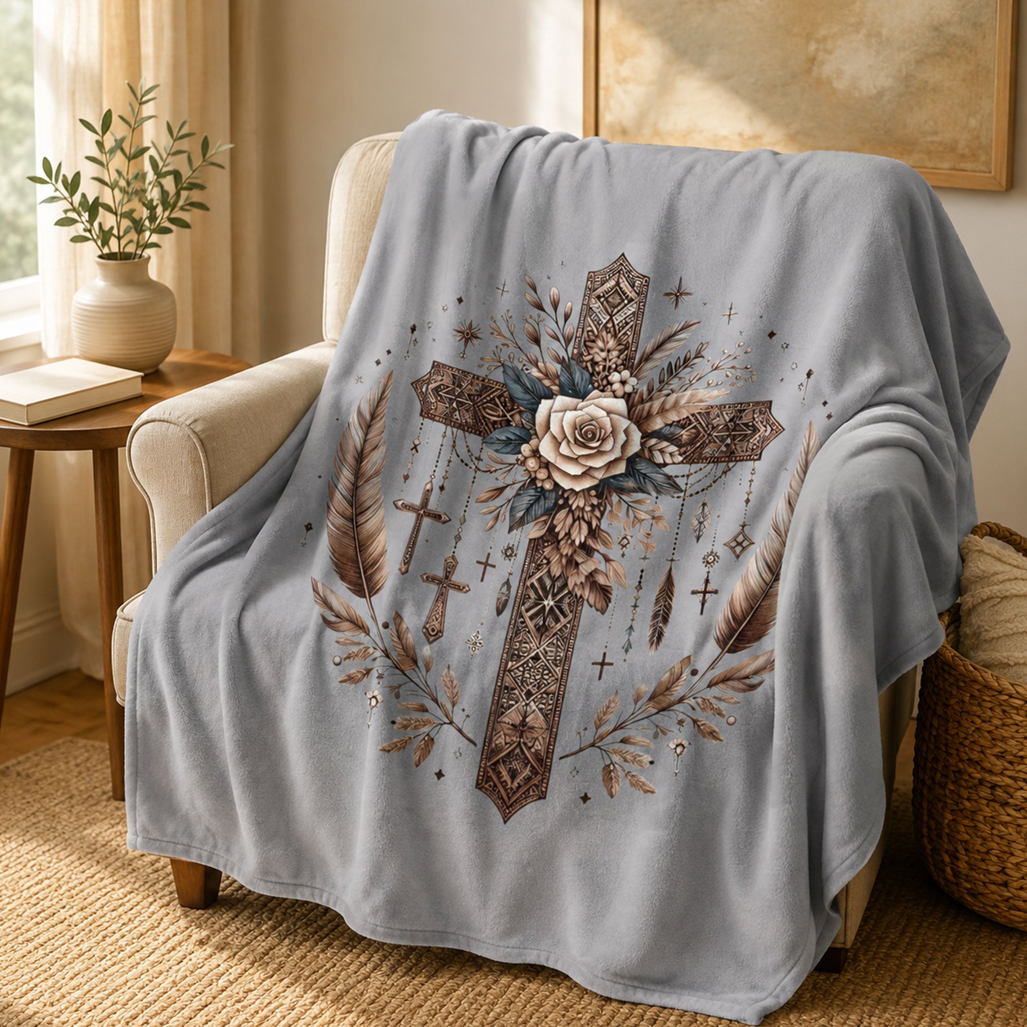 Boho Floral Cross Fleece Blanket, Christian Faith Throw, Religious Gift for Women