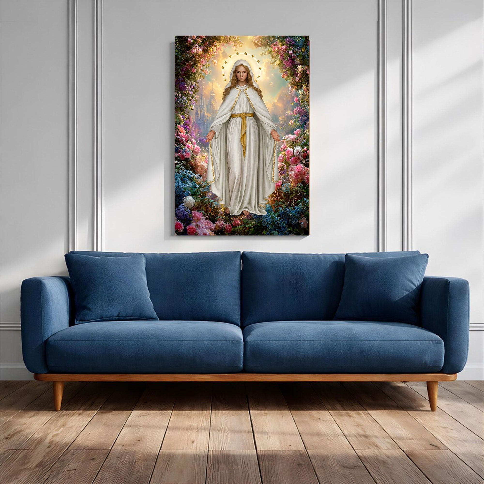Our Lady of Grace Canvas Print, Catholic Virgin Mary Wall Art, Blessed Mother Apparition in Floral Garden, Sacred Christian Decor, Inspirational Faith Gift