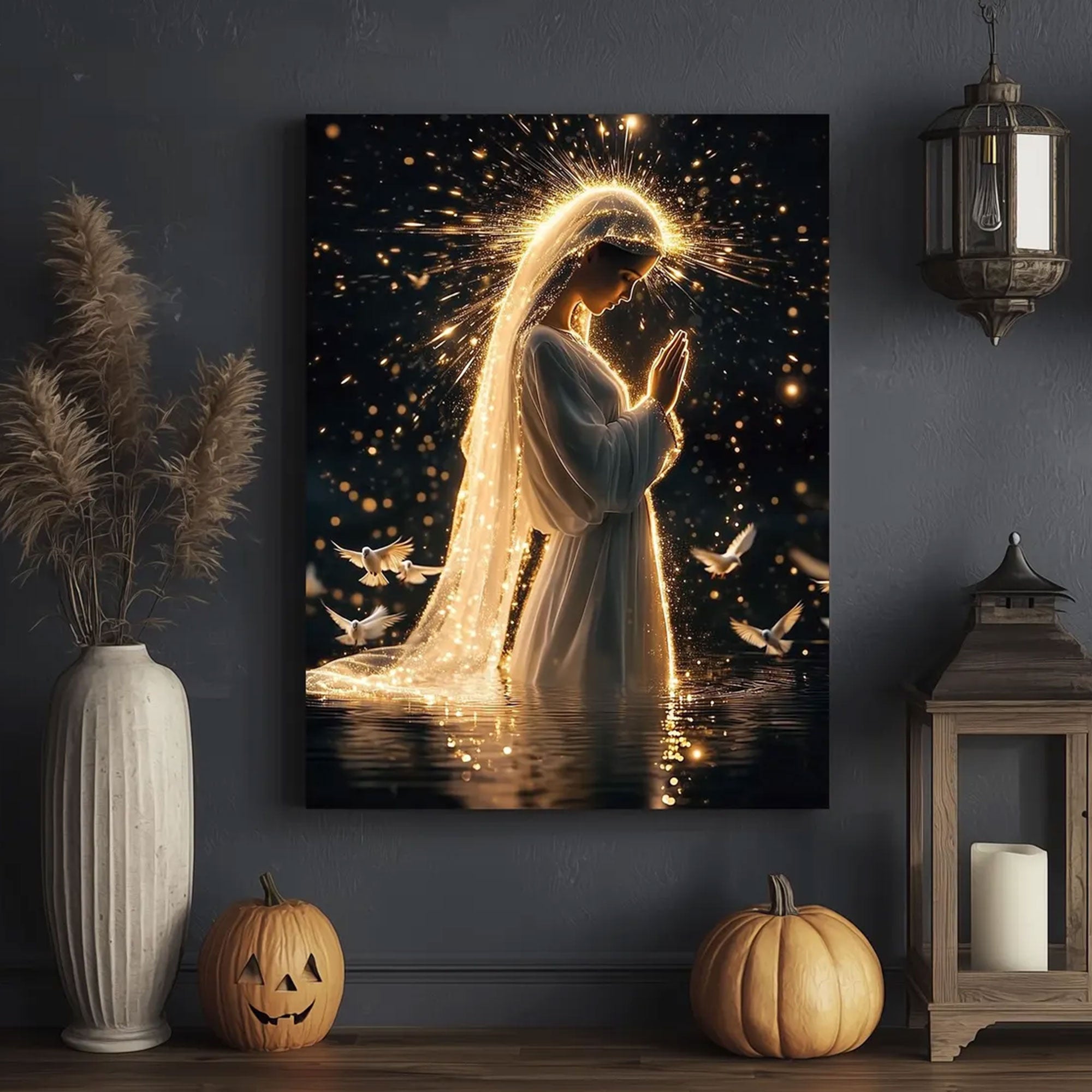 Holy Virgin Mary Canvas Art, Sacred Light Catholic Wall Decor, Blessed Mother Religious Artwork, Inspirational Faith Gift, Prayer Room Home Decor