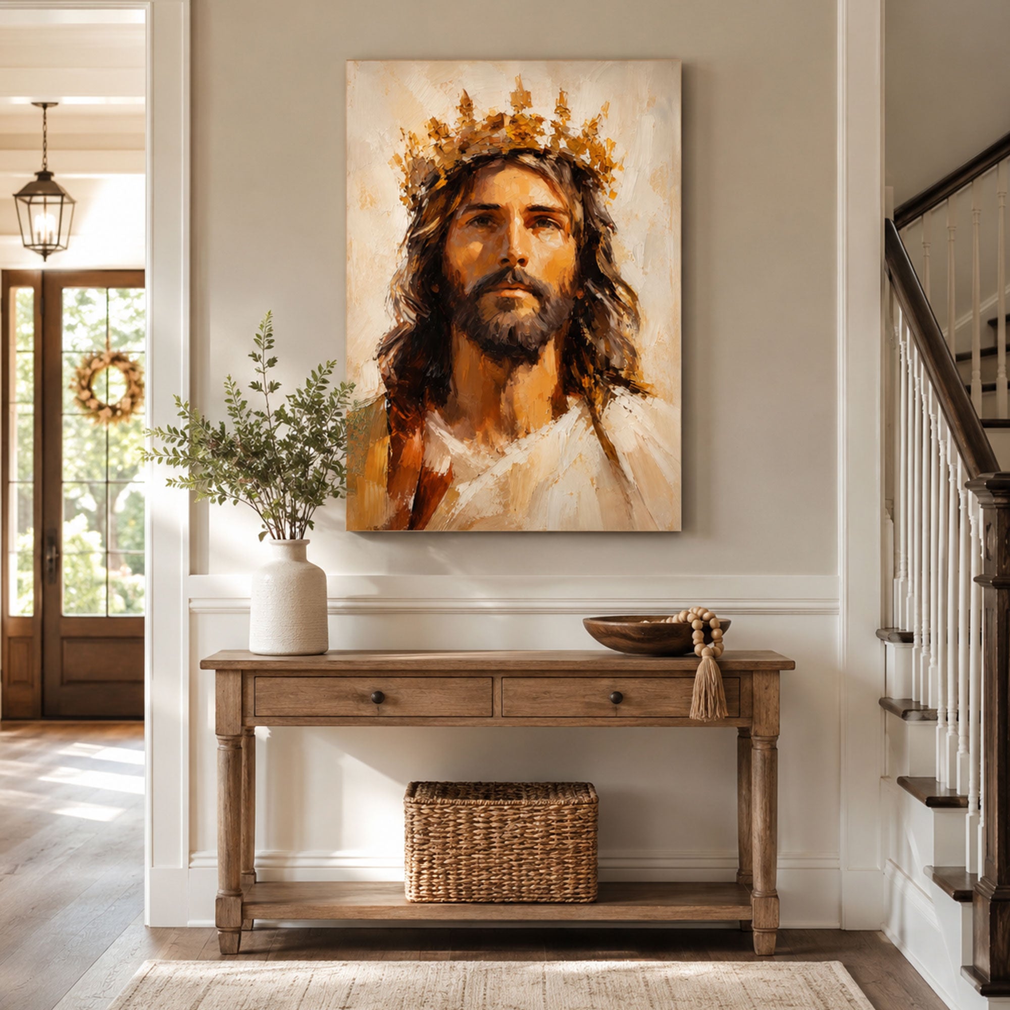 Crowned Jesus Portrait Canvas Print, Christ the King Catholic Wall Art, Golden Faith Home Decor Gift