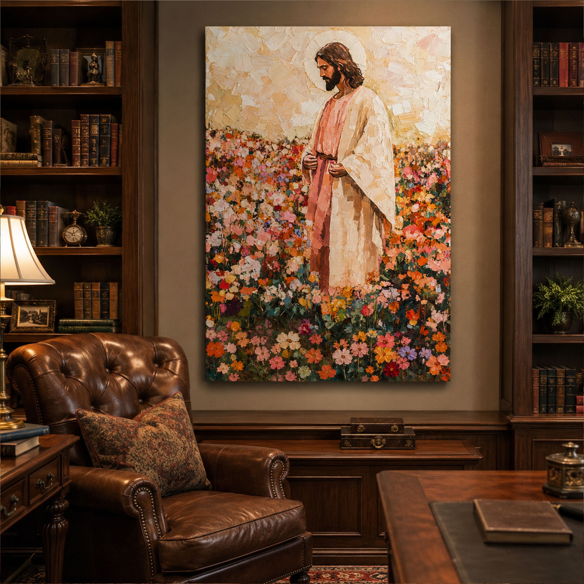 Jesus in Wildflower Field Canvas Print, Impressionist Christian Wall Art, Peaceful Faith Home Decor