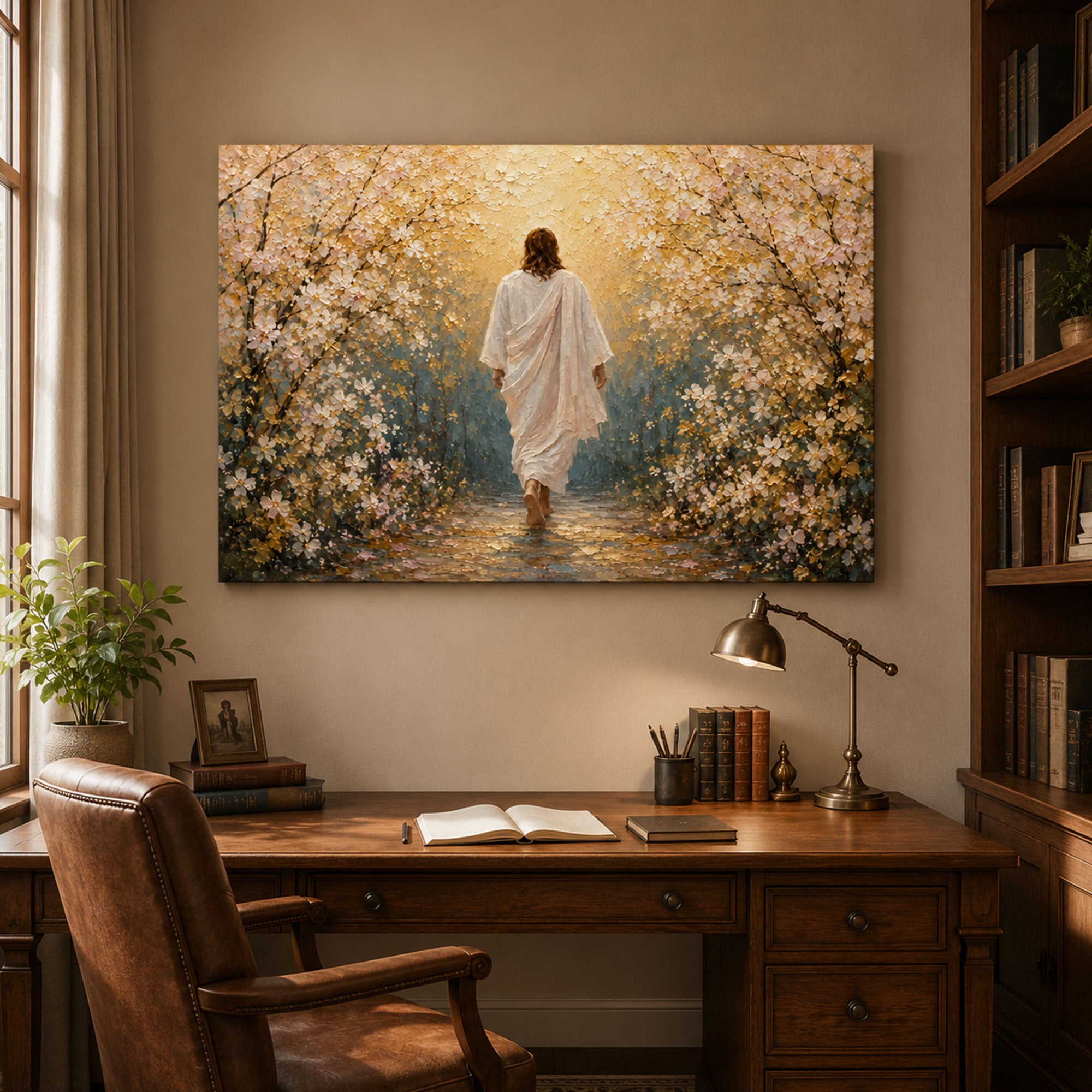 Jesus Leading the Way Canvas Print, Walk With Jesus Christian Wall Art, Floral Faith Journey Home Decor