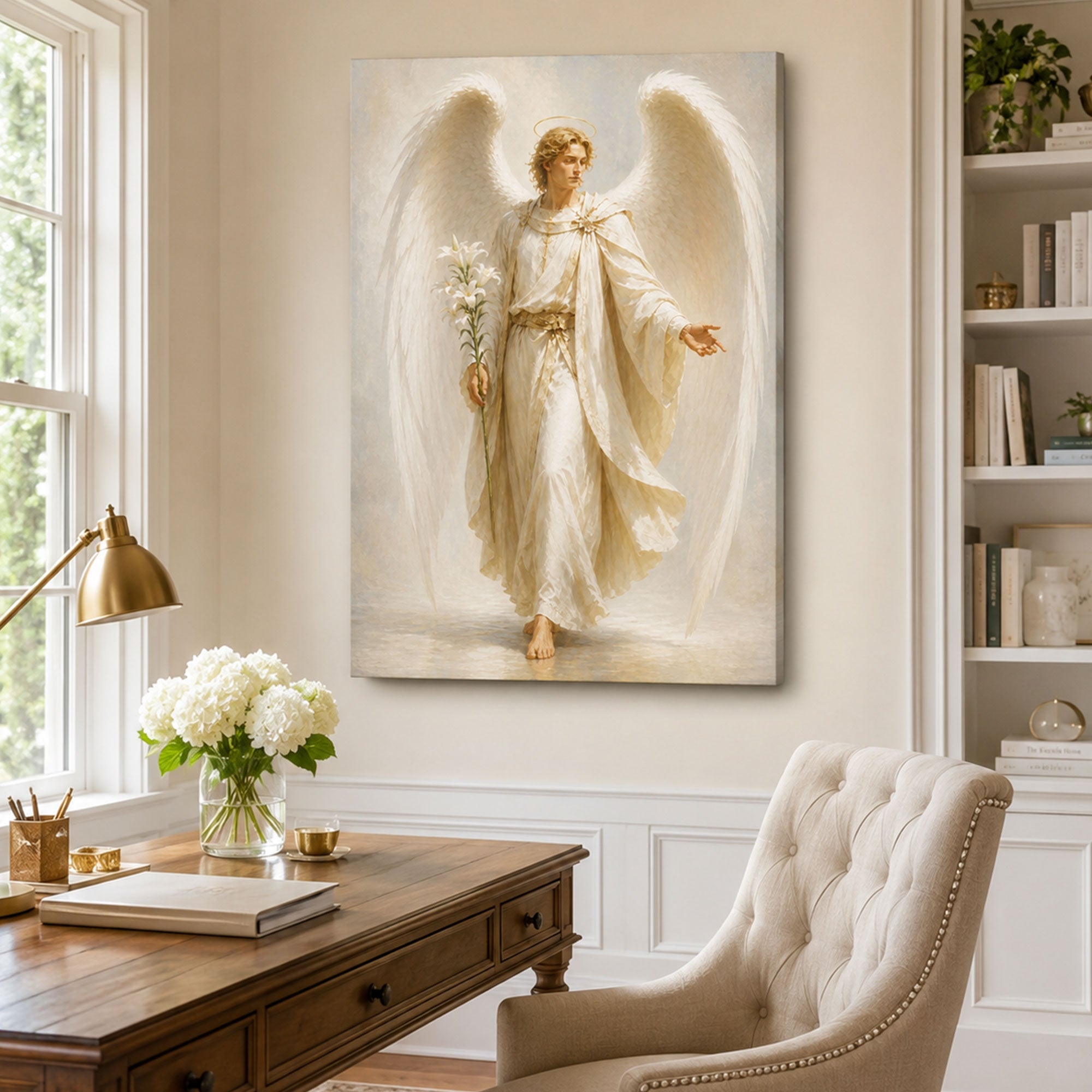 Archangel Gabriel with Lily Canvas Print, Catholic Messenger Angel Wall Art, White and Gold Faith Home Decor Gift