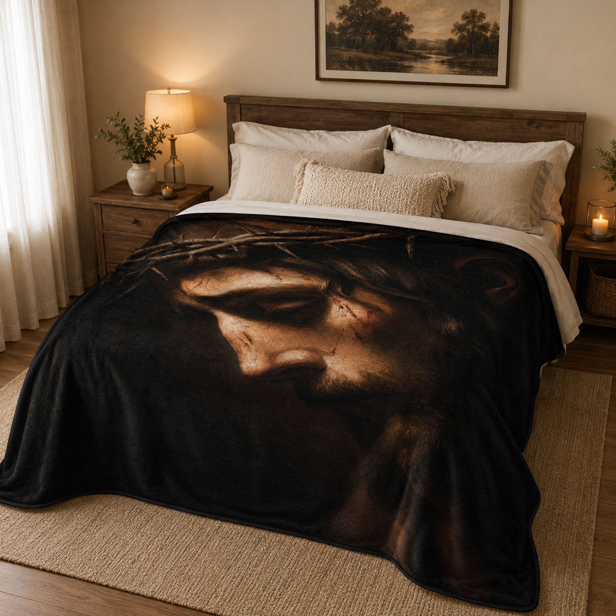 Jesus Crown of Thorns Fleece Blanket, Passion of Christ Christian Throw, Faith Gift for Believers
