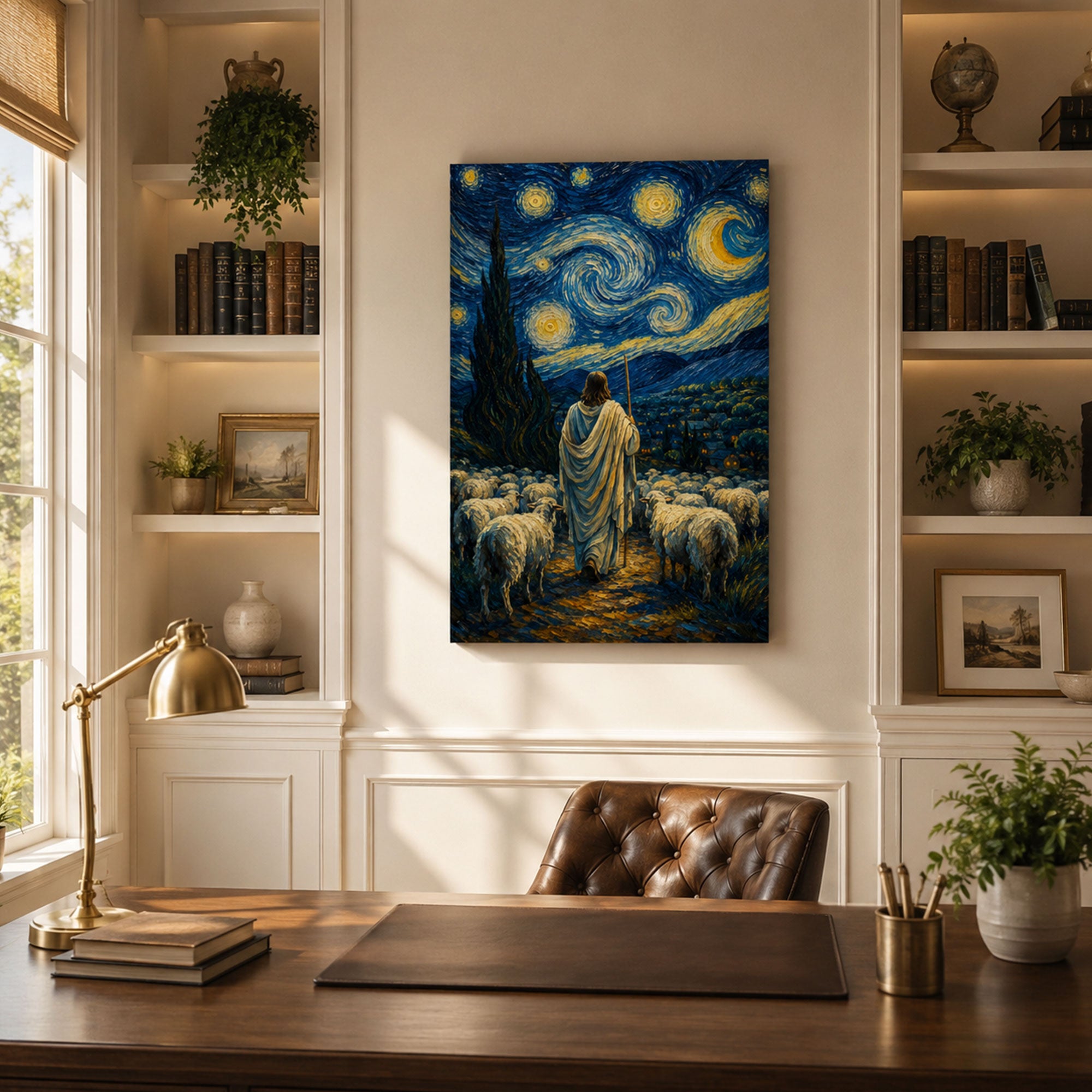 Jesus the Good Shepherd Starry Night Canvas Print, Christian Faith Decor