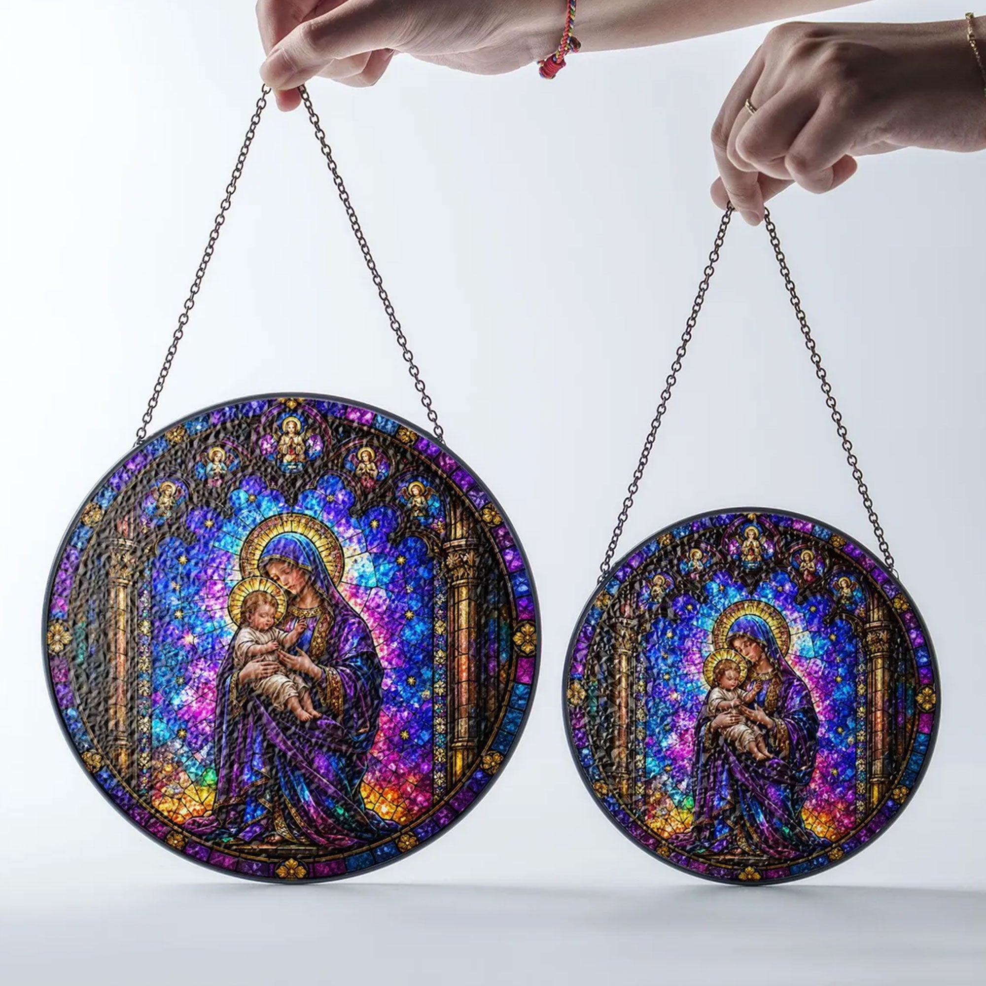 Virgin Mary and Baby Jesus Stained Glass Suncatcher, Catholic Window Hanging, Christian Decor Gift