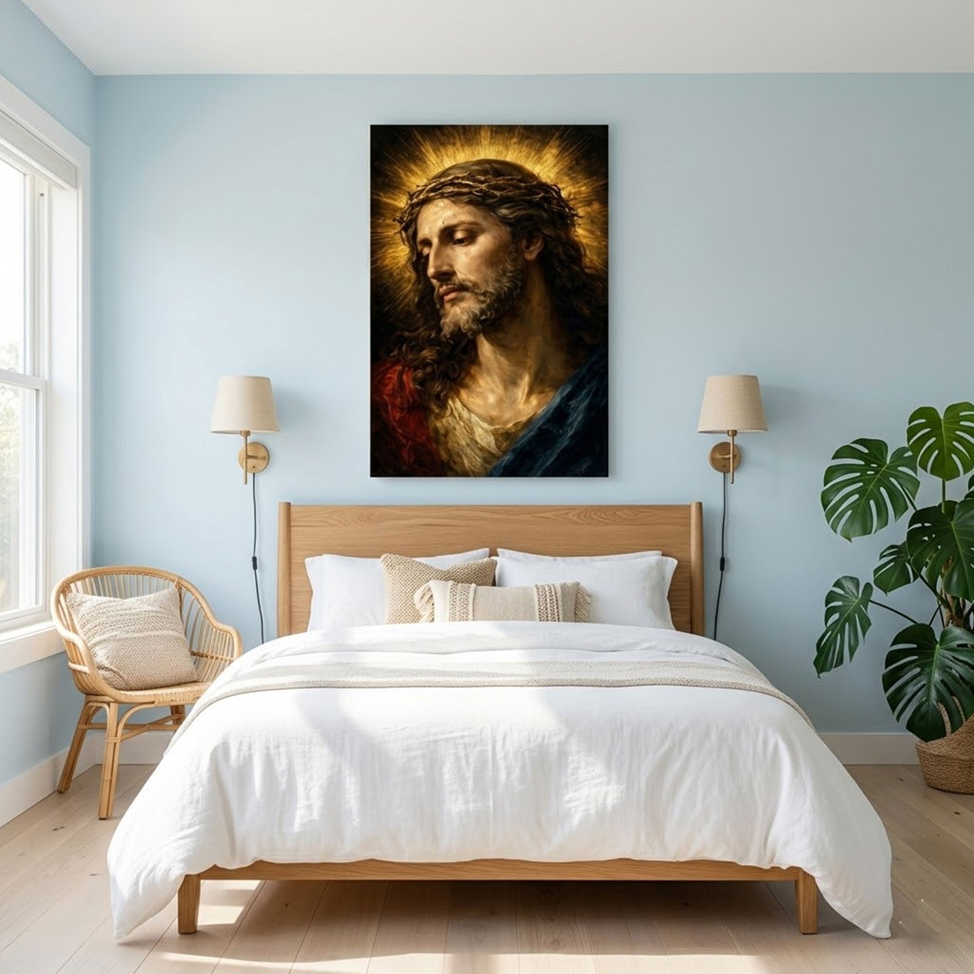 Jesus Christ Crown of Thorns Portrait Canvas Print, Sacred Christian Wall Art, Classical Religious Faith Decor