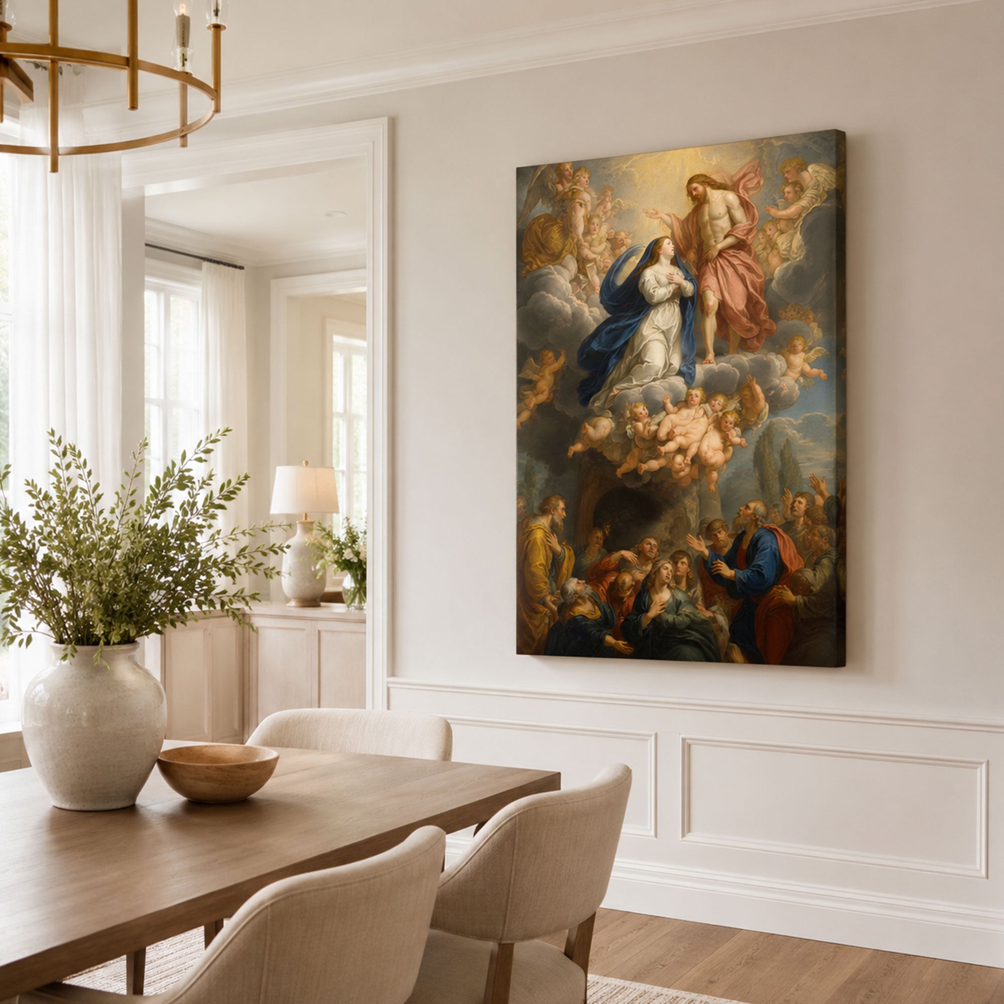 Assumption of the Virgin Mary Canvas Print, Jesus Welcoming Mary into Heaven, Catholic Wall Decor