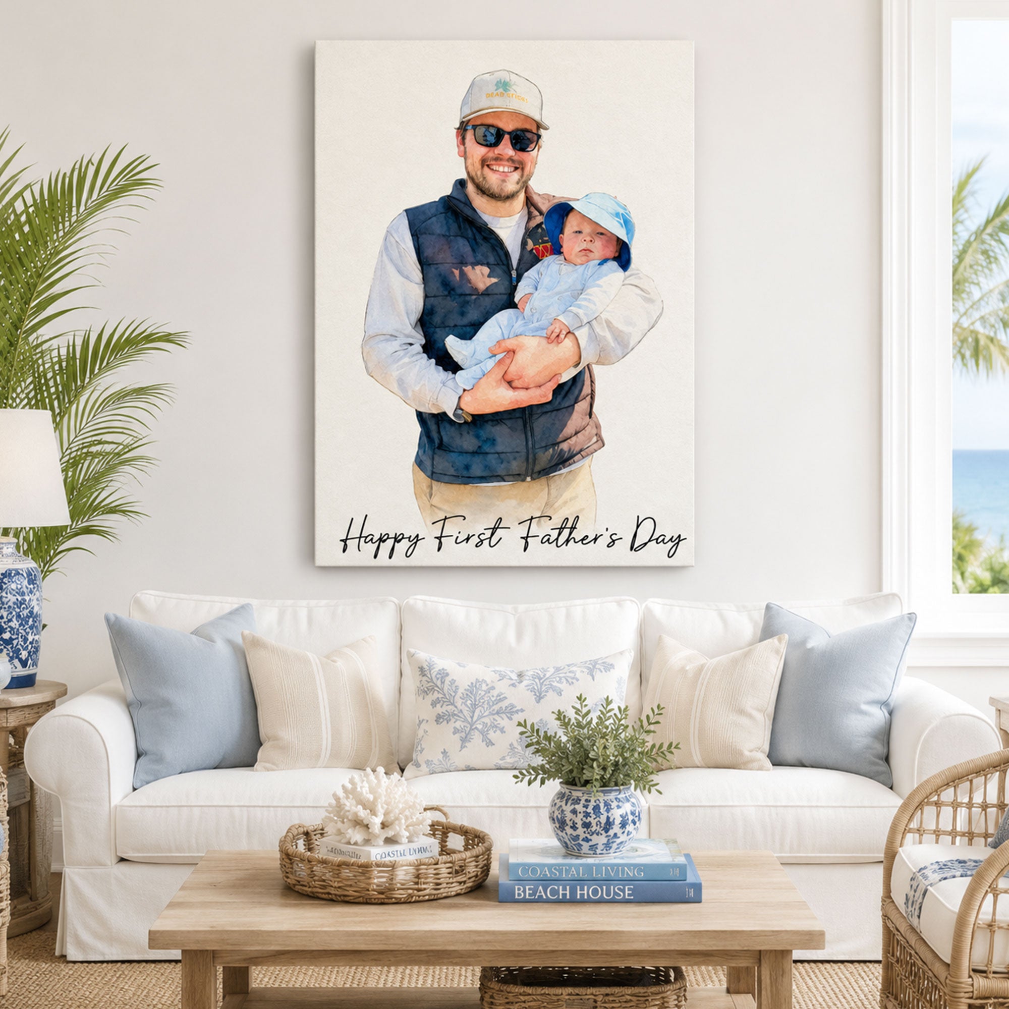 First Father’s Day Gift Personalized Watercolor Dad Portrait Canvas, Family Portrait Wall Art for Husband