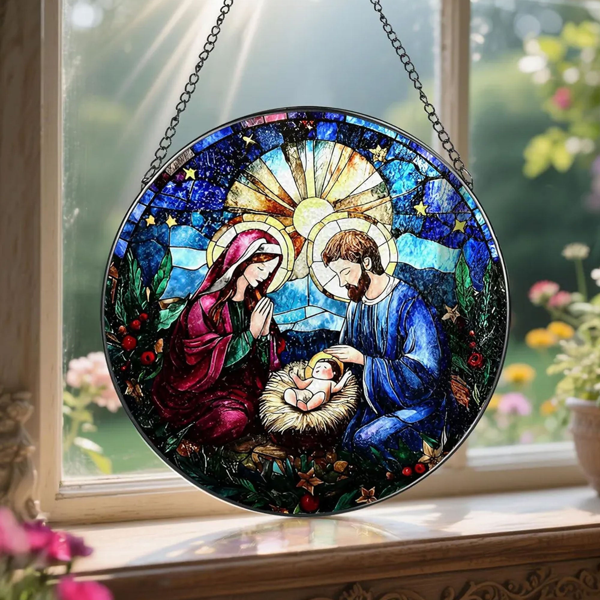 Nativity Stained Glass Suncatcher, Holy Family Window Hanging, Christian Christmas Decor Gift