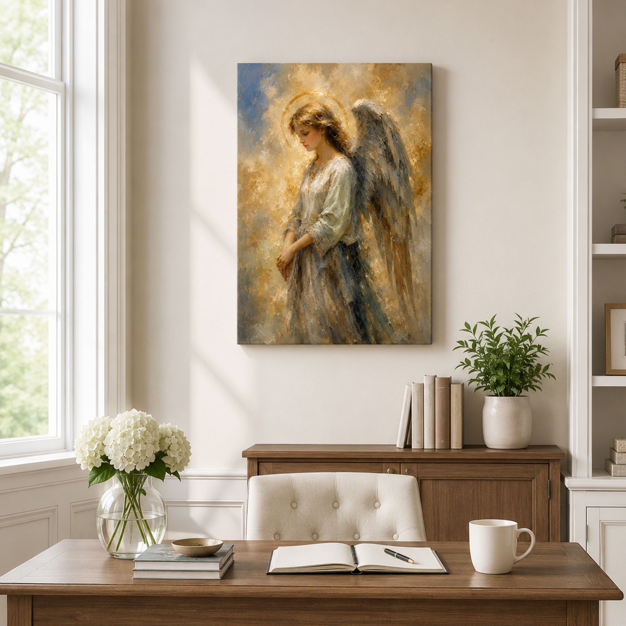 Guardian Angel in Quiet Prayer Canvas Print, Soft Gold Christian Decor