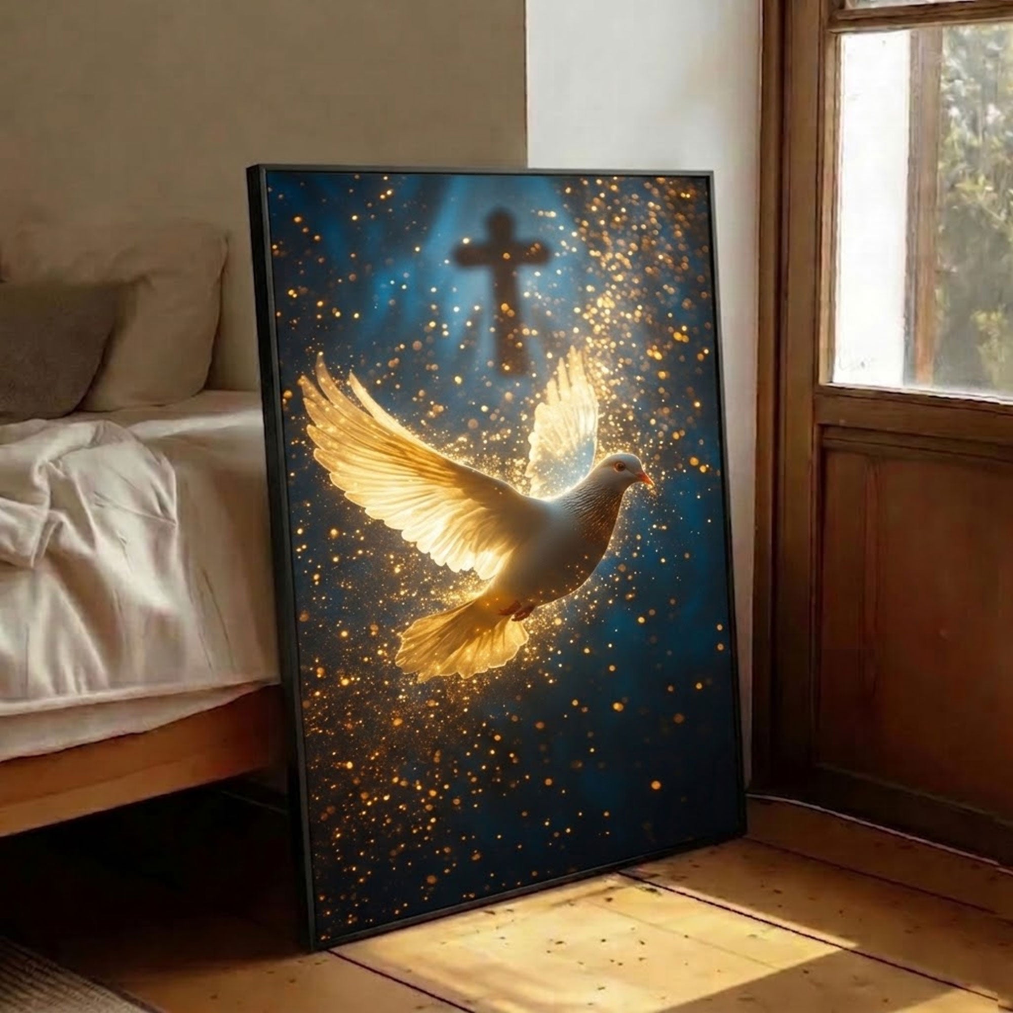 Light of the Spirit Canvas Print, Golden Dove and Cross Artwork, A Quiet Reminder of Faith, Presence, and Guidance