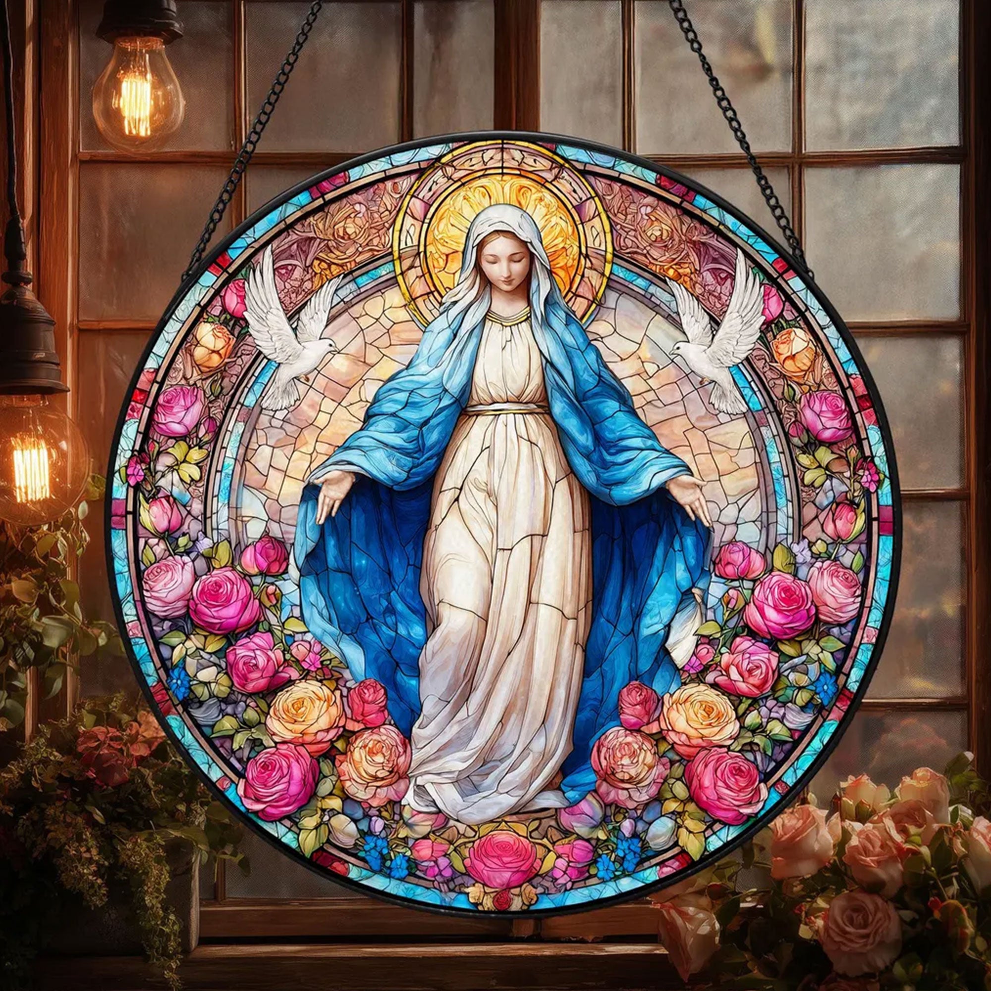 Our Lady of Grace Stained Glass Suncatcher, Virgin Mary Window Hanging, Catholic Religious Gift