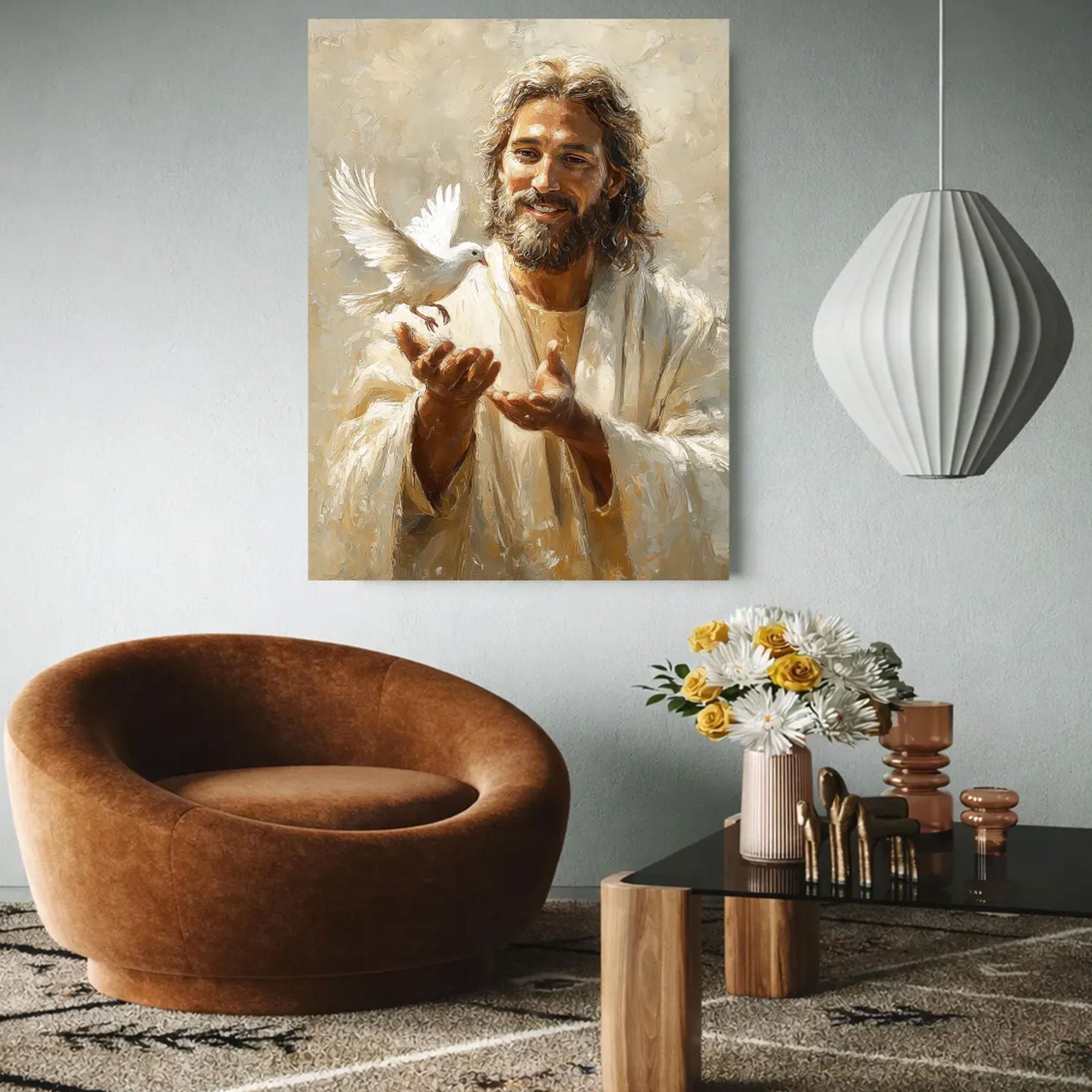 Jesus with Dove Canvas Print, Holy Spirit Christian Wall Art, Peaceful Faith Home Decor