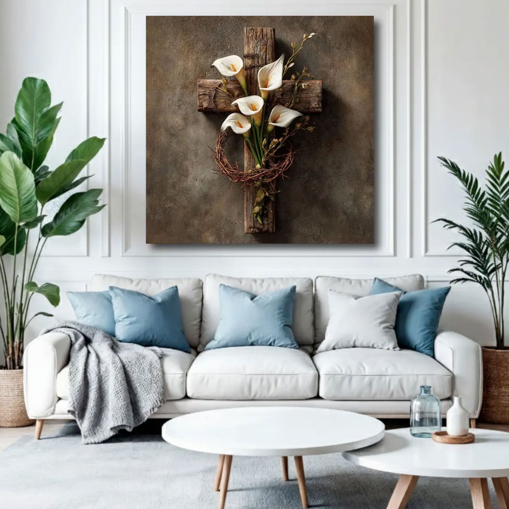Rustic Wooden Cross Canvas Print, Calla Lily and Crown of Thorns Wall Art, Christian Floral Decor, Faith Based Home Decor, Inspirational Gift