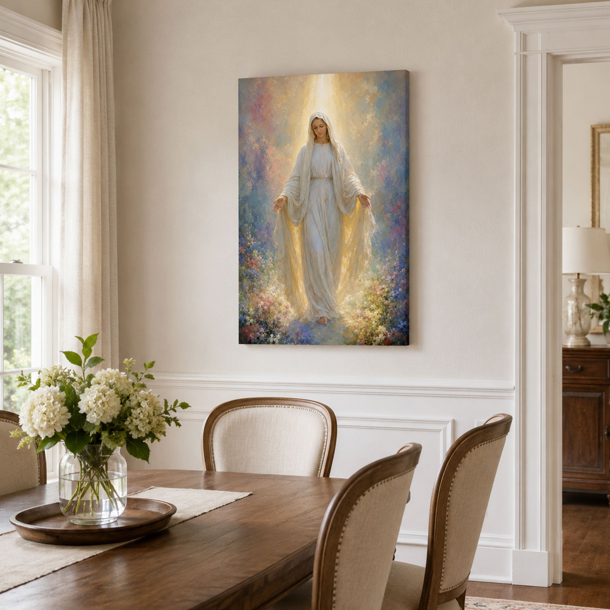 Virgin Mary in Heavenly Light Canvas Print, Catholic Home Decor
