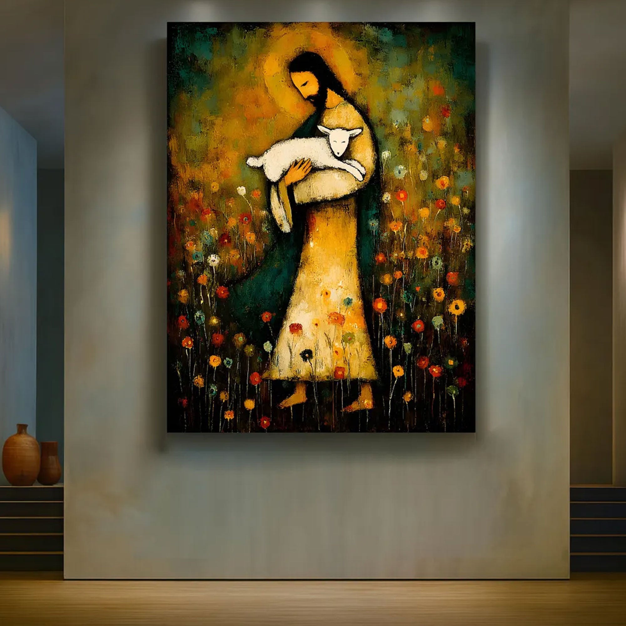 Jesus Holding Lamb Canvas Print, Good Shepherd Wall Art, Folk Art Christian Painting, Religious Home Decor, Inspirational Faith Gift