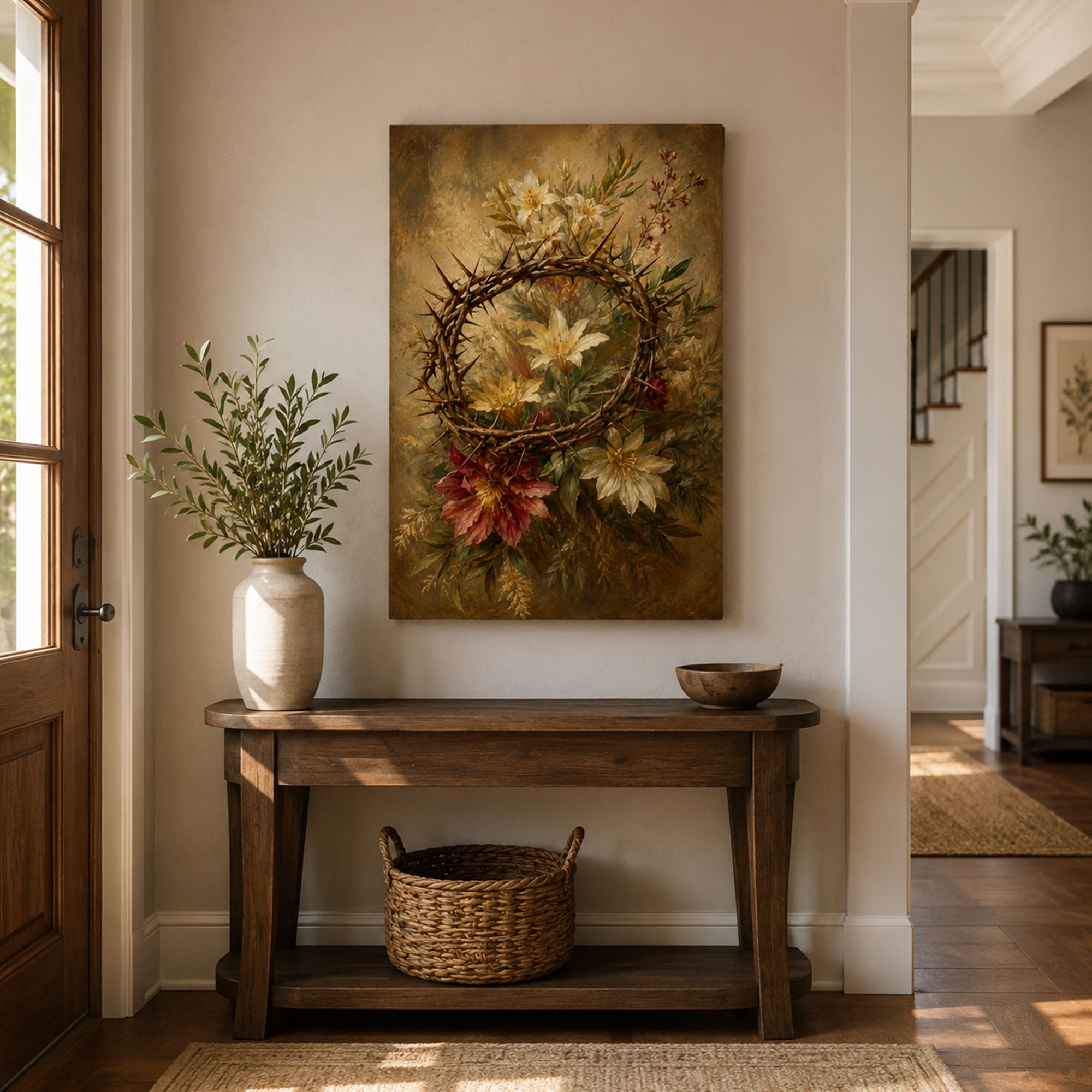 Crown of Thorns Floral Canvas Print, Christian Passion Wall Art, Faith Home Decor Gift
