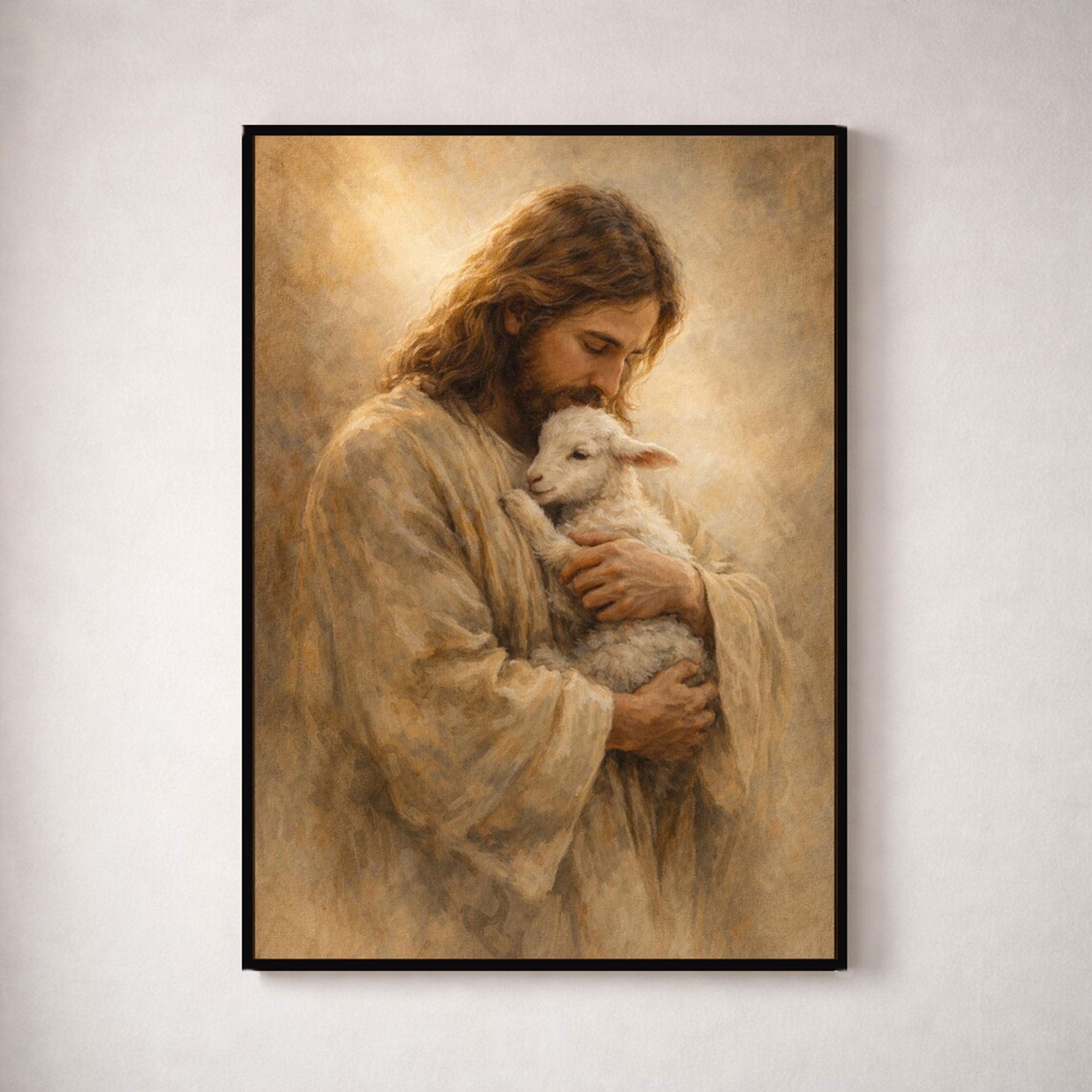 Jesus Holding Lamb Canvas Print, Good Shepherd Wall Art, Christian Decor, Spiritual Home Artwork
