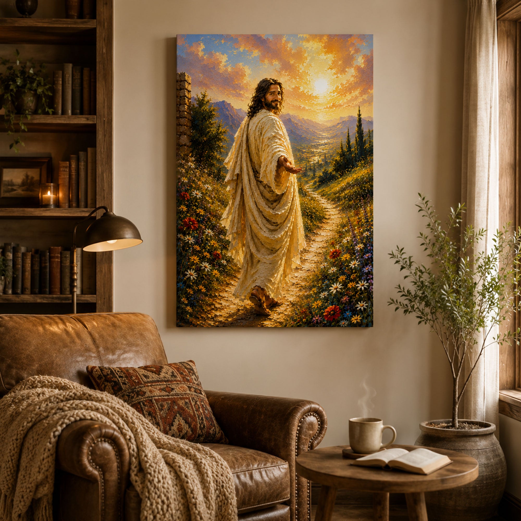 Jesus Reaching Out Canvas Print, Follow Me Christian Wall Art, Floral Path Faith Home Decor