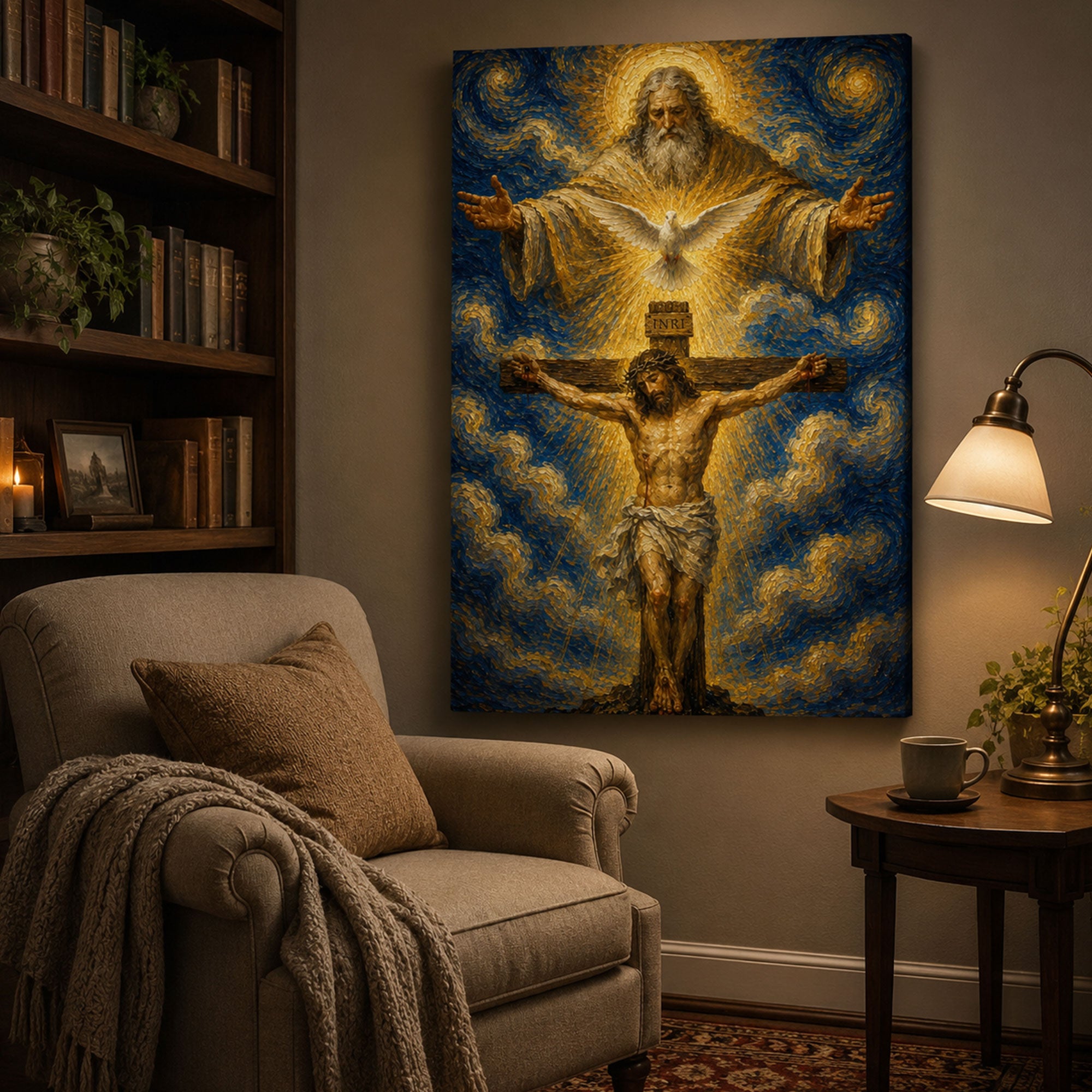 Holy Trinity Crucifixion Canvas Print, God the Father Jesus Cross Holy Spirit Catholic Wall Art